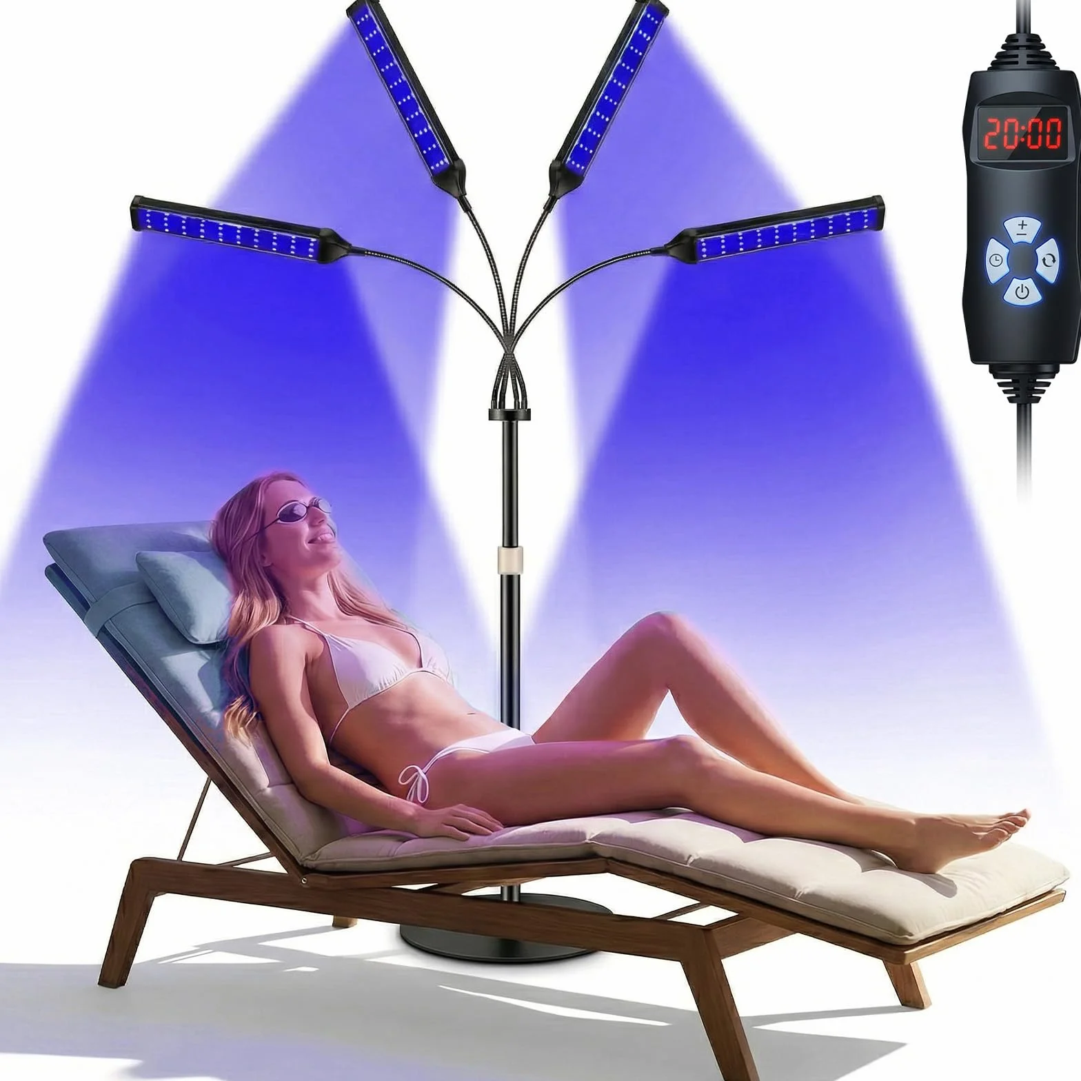Lámpara de bronceado facial LED 4 cabezales 540 bombillas, soporte giratorio 360°, 5 modos, temporizador ajustable con gafas
