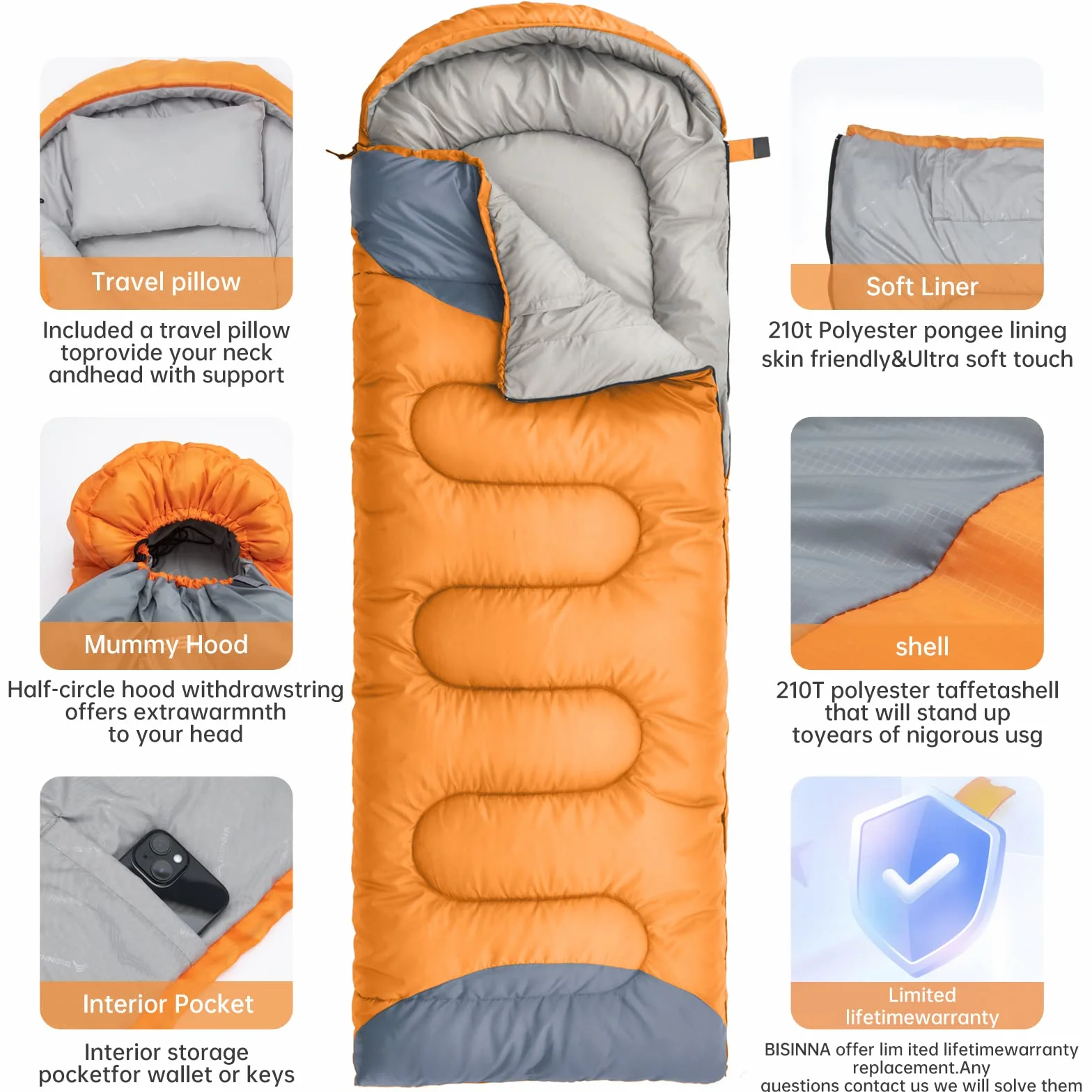 BISINNA Saco de Dormir con Almohada - 4 Estaciones, Ligero, Impermeable, cálido, Saco de Dormir con un Saco de compresión para Adultos, Camping