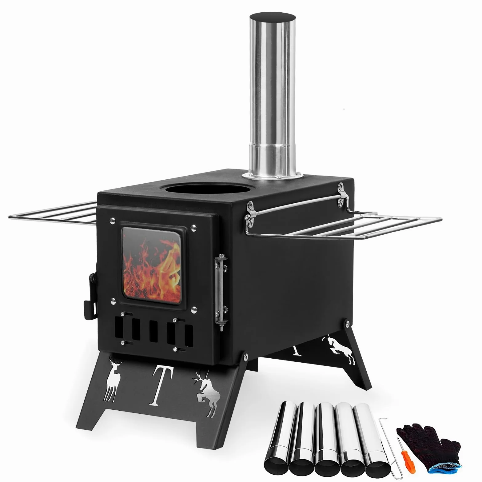 Estufa de leña portátil para campamento, estufa de leña portátil con tubos de chimenea, estufa de camping con superficie de titanio mejorada, vidrio resistente al calor y guantes para exteriores