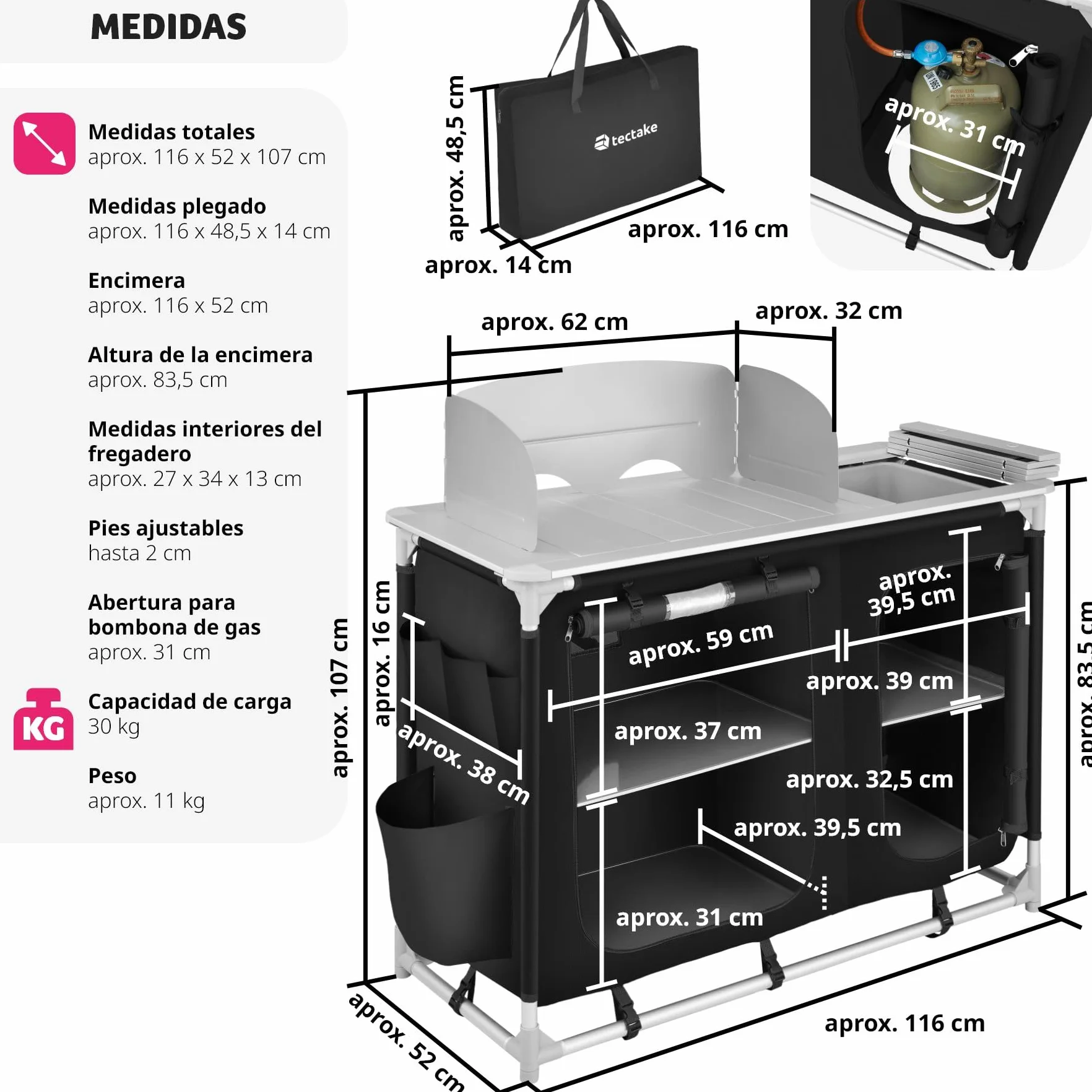 tectake® Cocina de Camping Plegable, Ligera, con Bolsa de Transporte, Accesorios de Cocina, Mesa Plegable Camping, Estructura de Aluminio - Negro