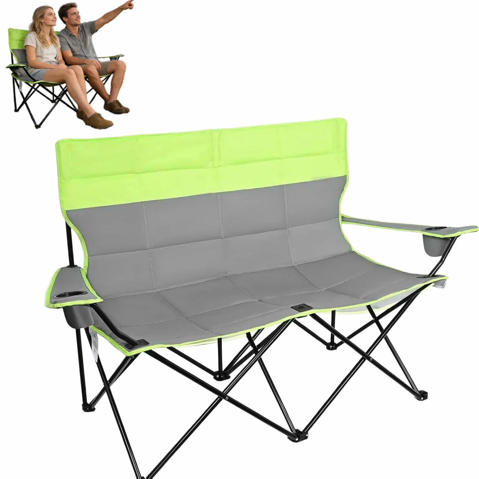 Silla de camping doble Rhyvorax para 2 adultos, sillas de camping plegables de alta resistencia con portavasos, silla de playa portátil para exteriores, jardín, picnic, pesca – Soporta 300kg (Verde +