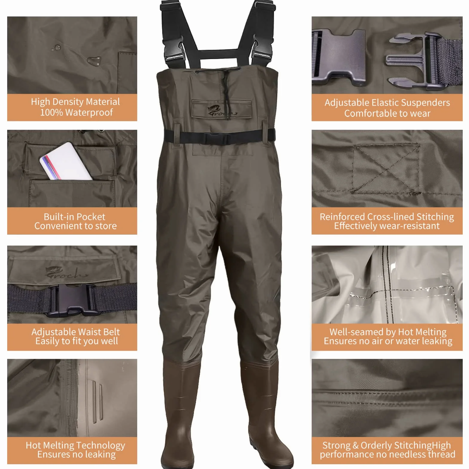 Pantalones de vadeo para hombre y mujer, impermeables, color marrón, con botas de goma, ideales para pesca y actividades al aire libre
