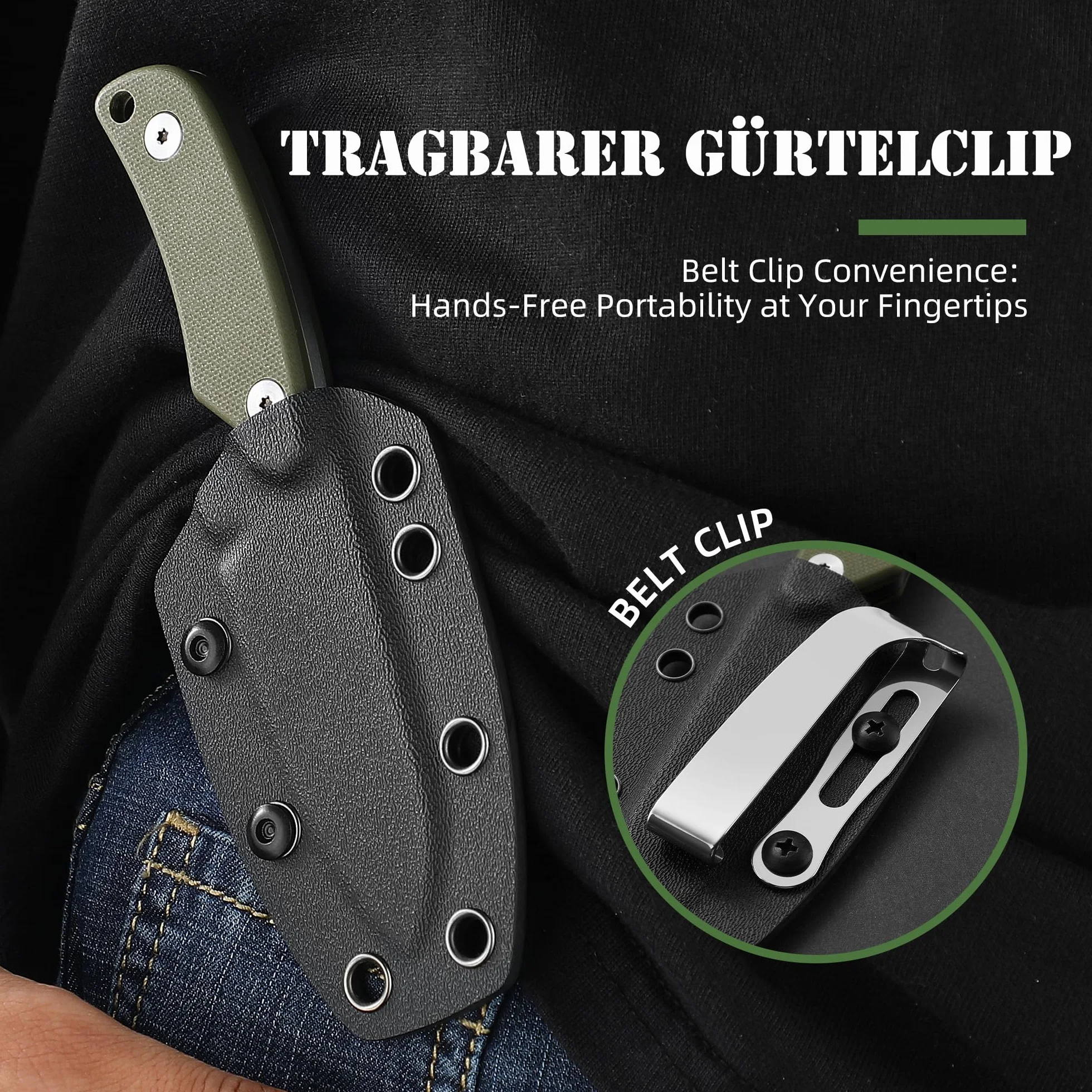 Omesio EDC Couteaux - Cuchillo de Cuello con funda Kydex, Cuchillo de Cuello Acero fijo pequeño D2 Full Tang Mango G10 Punta Nessmuk