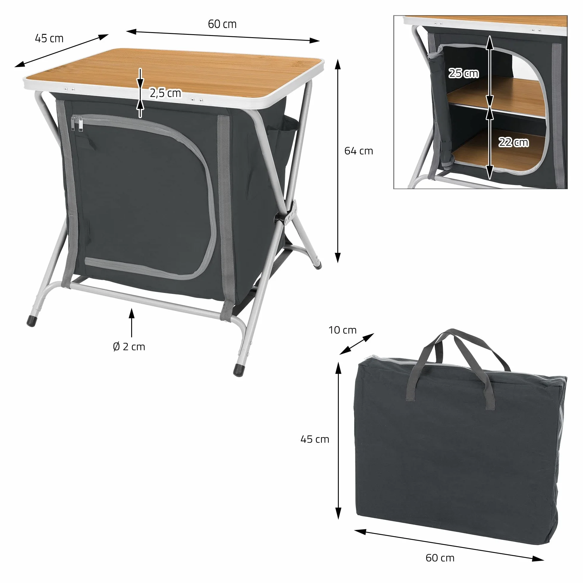 ECD Germany Armario de Cocina Plegable para Camping 64x60x45 cm Madera-Negro Caja con Estructura de Aluminio y Tela para Exteriores Mesa Auxiliar Portátil con Encimera 2 Estantes y Bolsa de Transporte