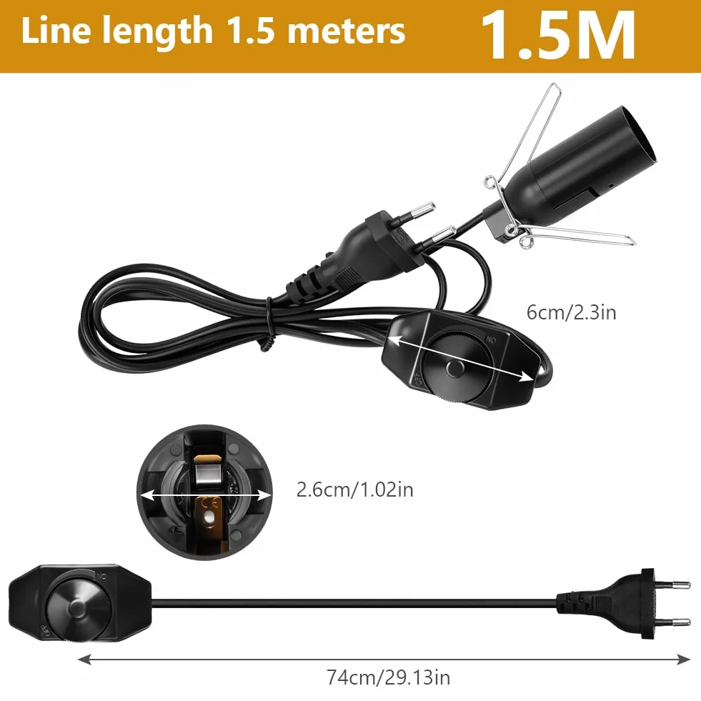 Cable para lámpara de sal con enchufe europeo e interruptor, 2 Piezas, E14, 1,5 m, 15W, 220-240V, Negro