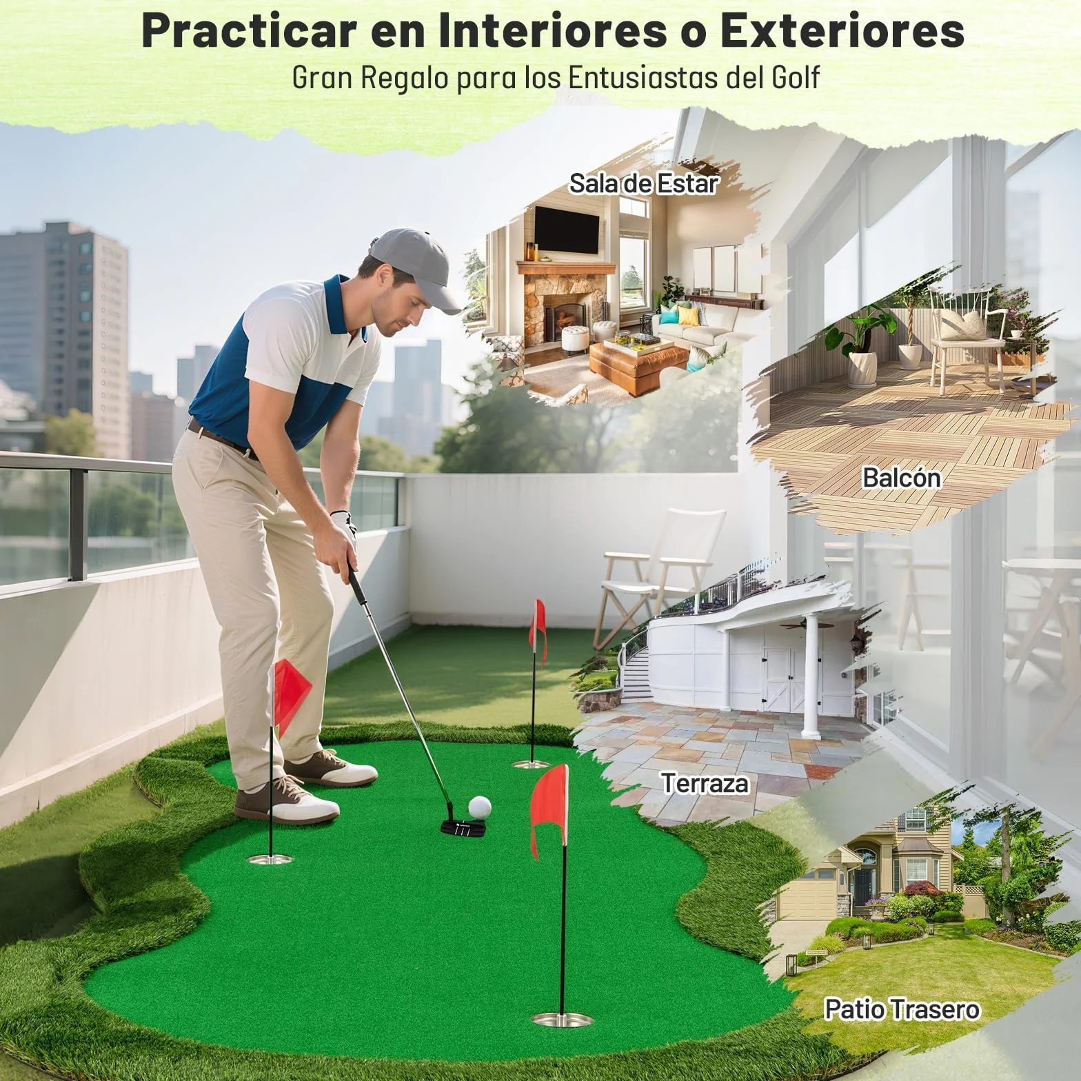 COSTWAY Alfombra de Putting de Golf, 300 X 150 CM, 3 Hoyos, 3 Banderas y Tazas, Tapete de Golf, Putting Mat Interiores Exteriores