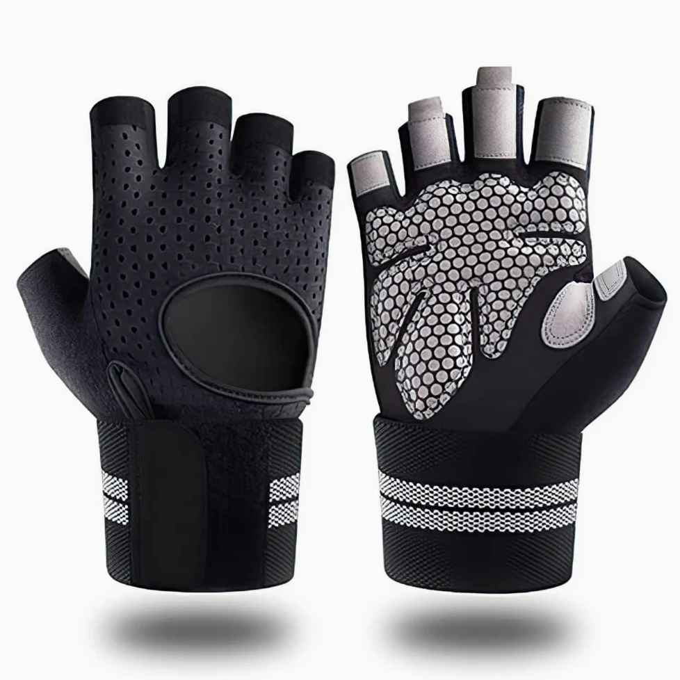 1 par de guantes de entrenamiento sin dedos para hombres y mujeres, guantes de levantamiento de pesas con muñequeras, soporte para entrenamiento en gimnasio, protección completa de la palma, neg