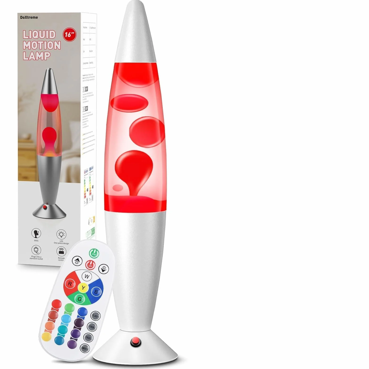 Lámpara de Movimiento Líquido 16" con Control Remoto, 17 Cambios de Color, Blanco Plateado