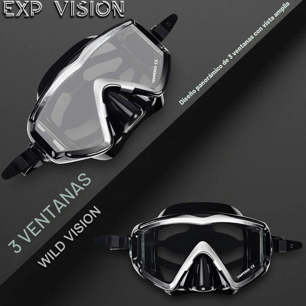 Pano - Máscara de buceo de 3 ventanas para adultos, máscara de esnórquel de vidrio templado, antivaho, gafas de natación sin fugas, con cubierta de nariz, equipo de esnórquel