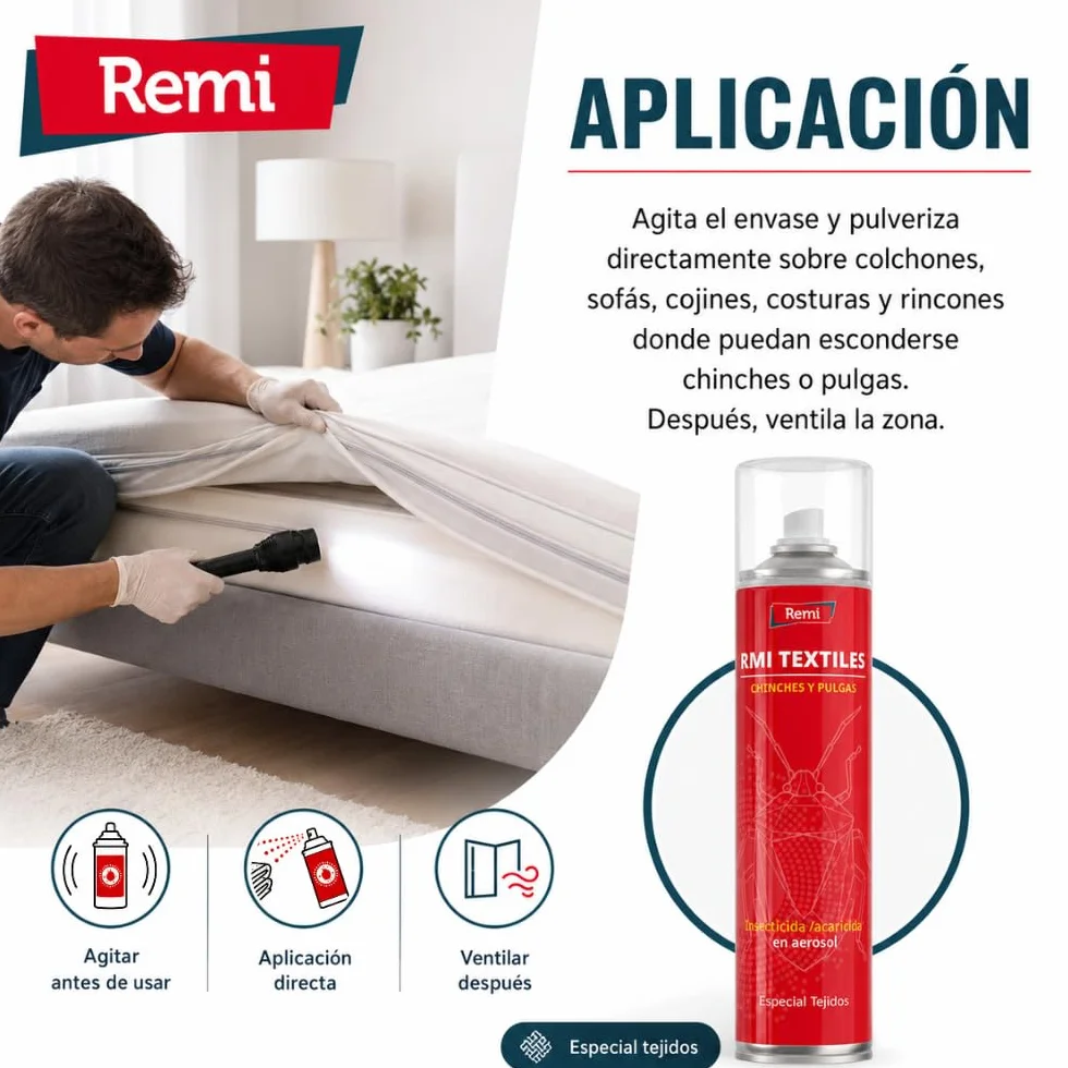 Remi Hogar Spray Anti Chinches y Pulgas Insecticida Aerosol Repelente Especial Tejidos