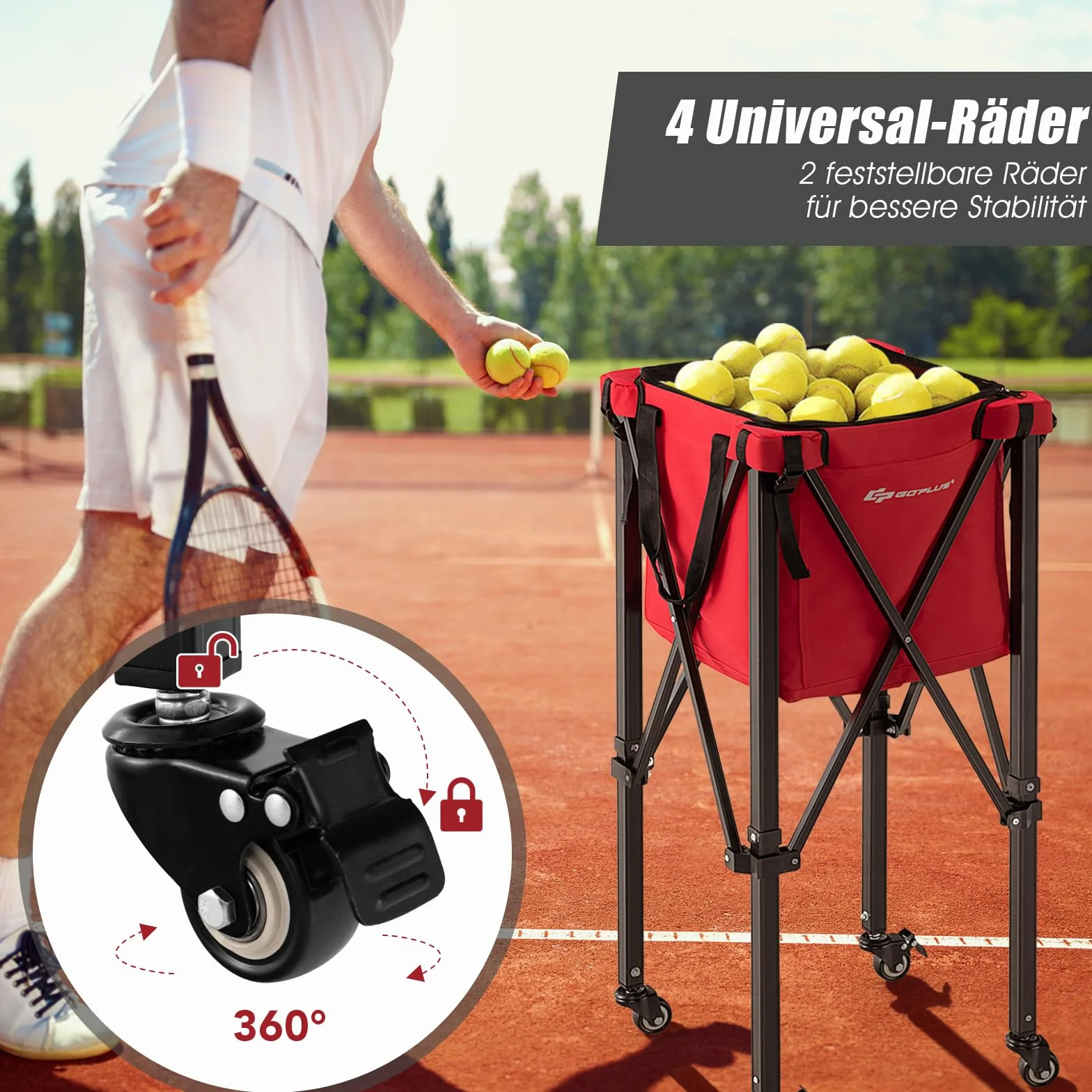 GOPLUS Carro de tenis plegable, carrito de pelotas portátil con bolsa de transporte, carrito de pelotas de tenis de aluminio y tela Oxford, soporta hasta 30 kg, cesta para pelotas de tenis, bádminton