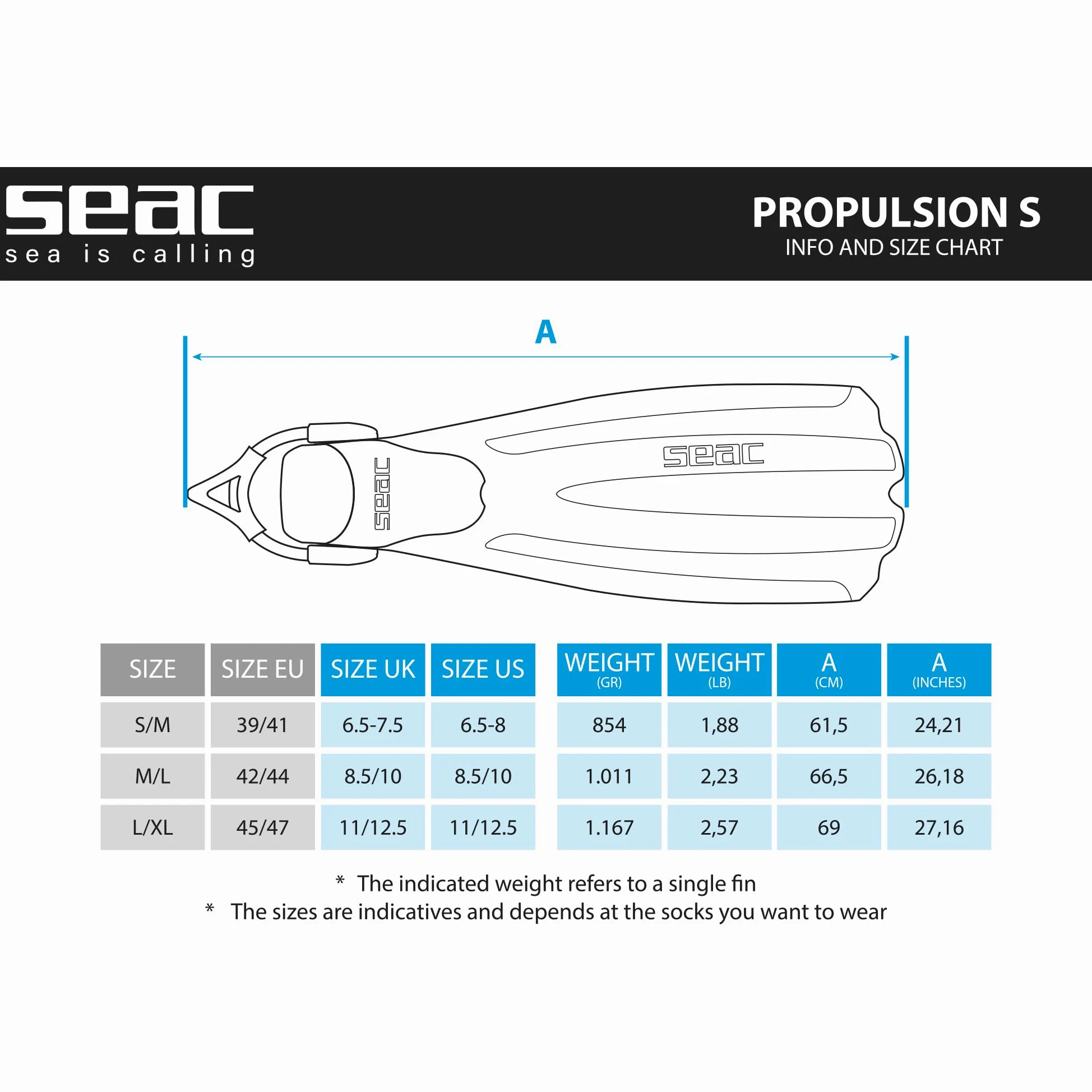 SEAC Aletas de buceo Propulsion S con correa elástica, fabricadas en Italia
