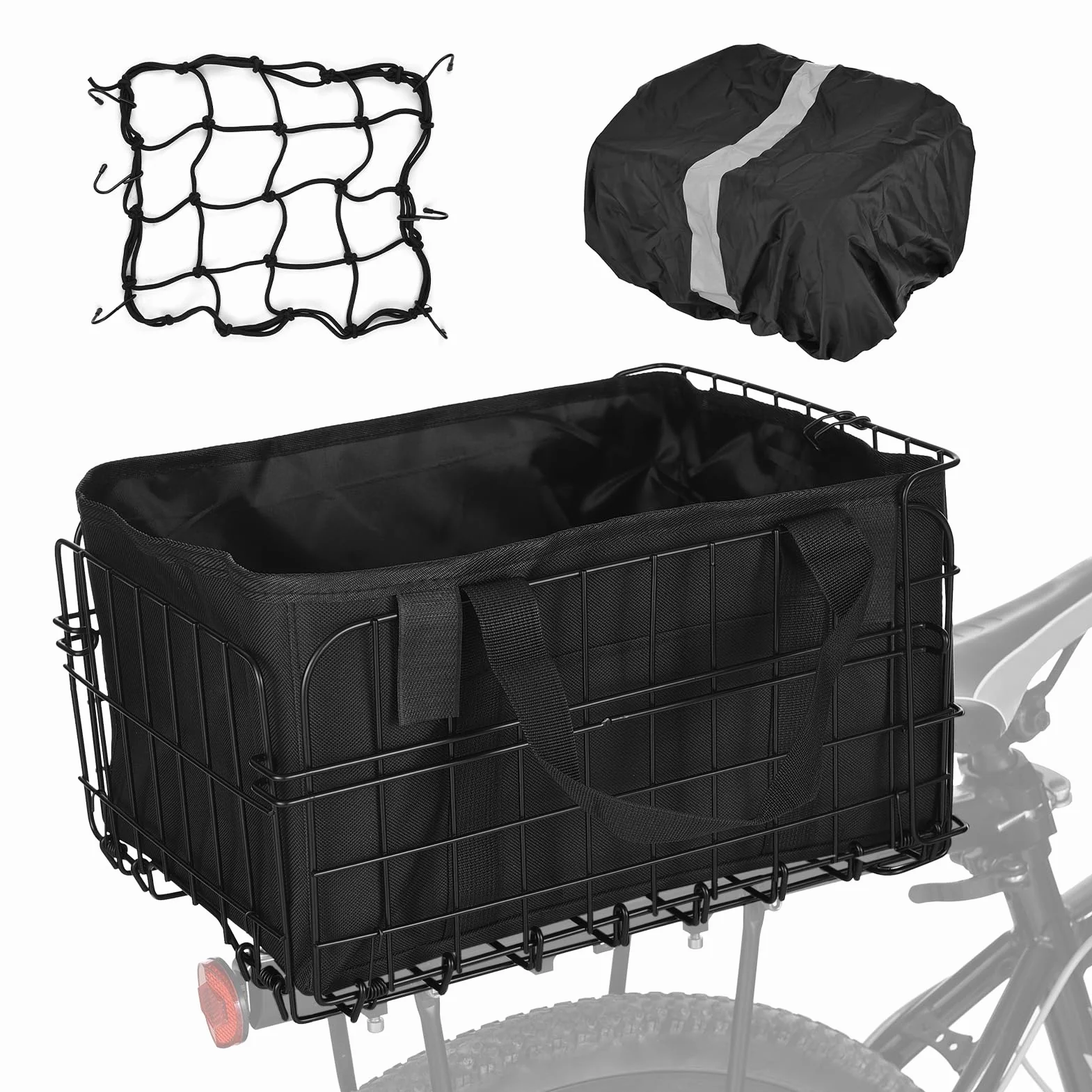 Cesta de Bicicleta Trasera Plegable Aomiun 60L con Bolsa de Revestimiento Extraíble Cubierta de Lluvia Bolso Red para Llevar Perros Mascotas Frutas Supermercado