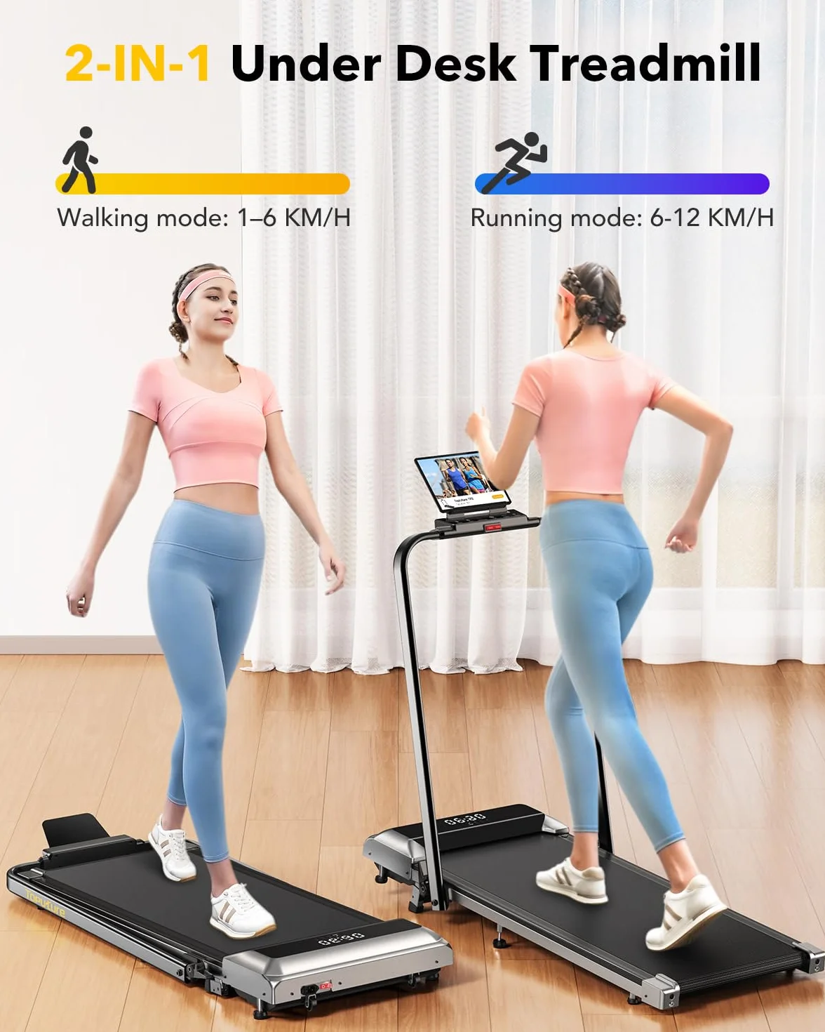 Cinta de Correr Plegable 3 en 1, Almohadilla para Caminar con 7% de inclinación, caminadora eléctrica de 2,5 HP para el hogar Debajo del Escritorio, Control Remoto magnético, 12 km/h, 40 x 100 cm, 12