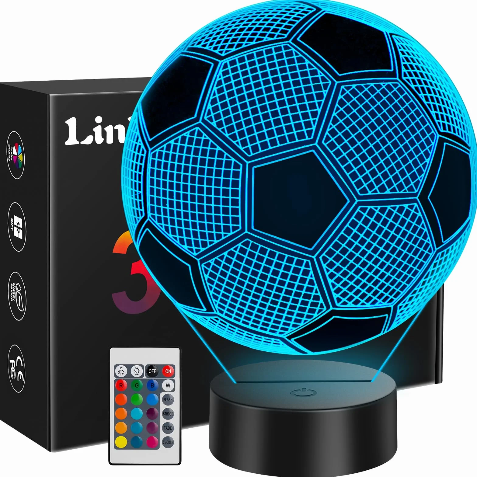 Linkax Luz Nocturna 3D Fútbol Infantil LED 16 Colores Control Remoto Táctil