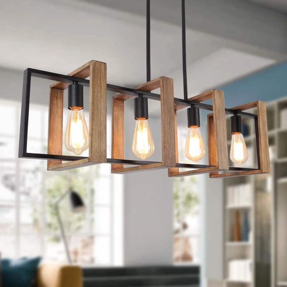 Iluminación de isla de cocina 4 lámparas colgantes modernas negras acabado madera y metal mate