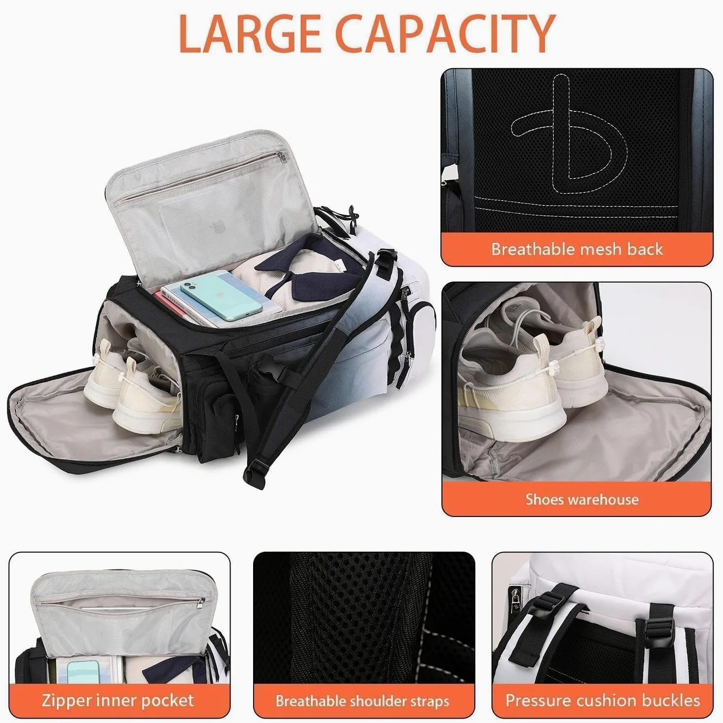 BE SMART - Mochila de gimnasio extragrande de 50 L para hombre, bolsa de gimnasio grande con compartimento para zapatos, bolsas de lona resistentes al agua, Gardient Black, XL, Mochila de lona para