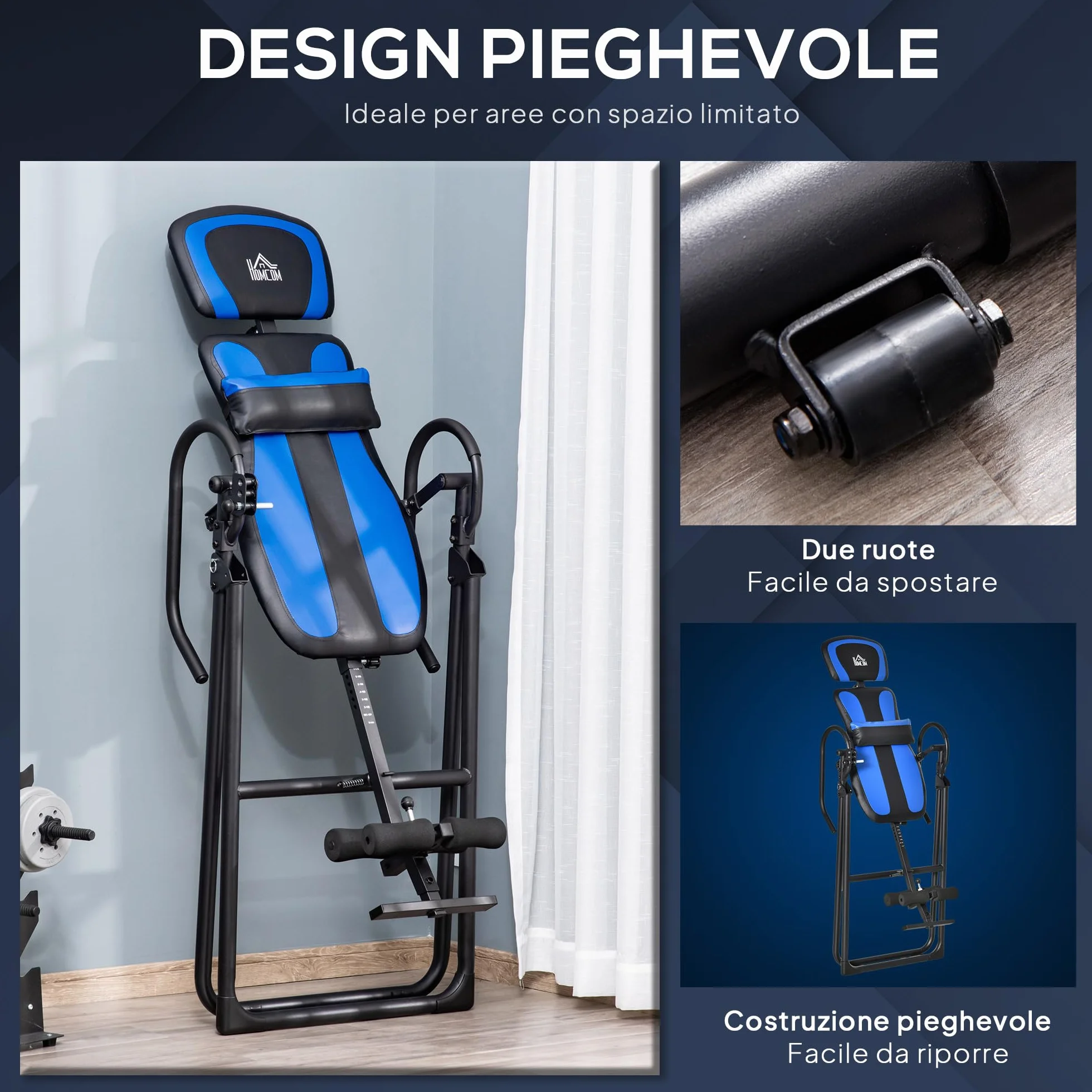 HOMCOM Tabla de Inversión Plegable con Ruedas, Altura Ajustable 140-203 cm, Banco de Inversión con Cinturón de Seguridad y Soporte de Lumbar, para Aliviar Espalda y Mejorar la Circulación