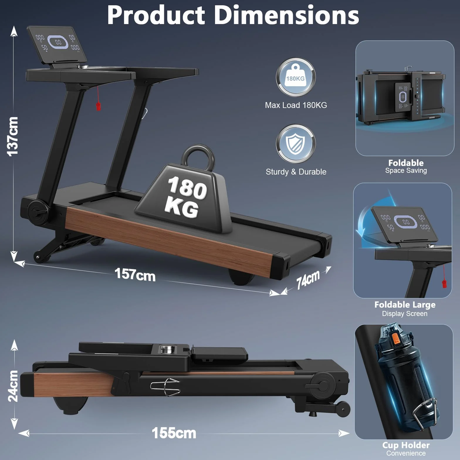 Cinta de Correr, 7HP Cinta de Correr Plegable con 1-20 km/h, Inclinación del 15%, Carga de 180 kg, Compatible con App, Sensor de Pulso, Pantalla LED Giratoria para Casa y Oficina