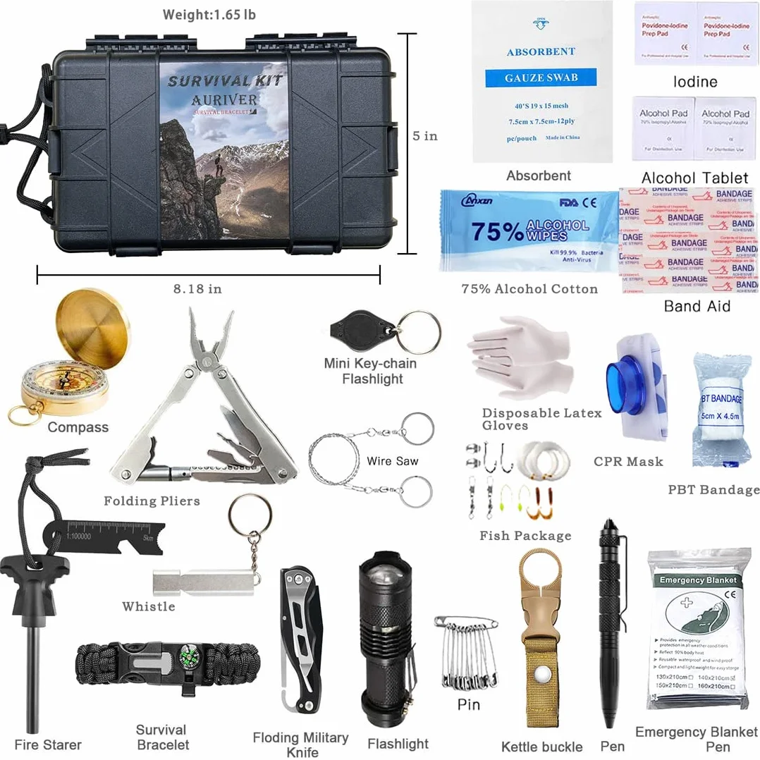 Kit de Supervivencia, 24 en 1 Multifuncional Equipo de Botiquín primeros auxilios profecional, Regalos ideales de Navidad y cumpleaños para Hombres para Viajar Caminar Acampar