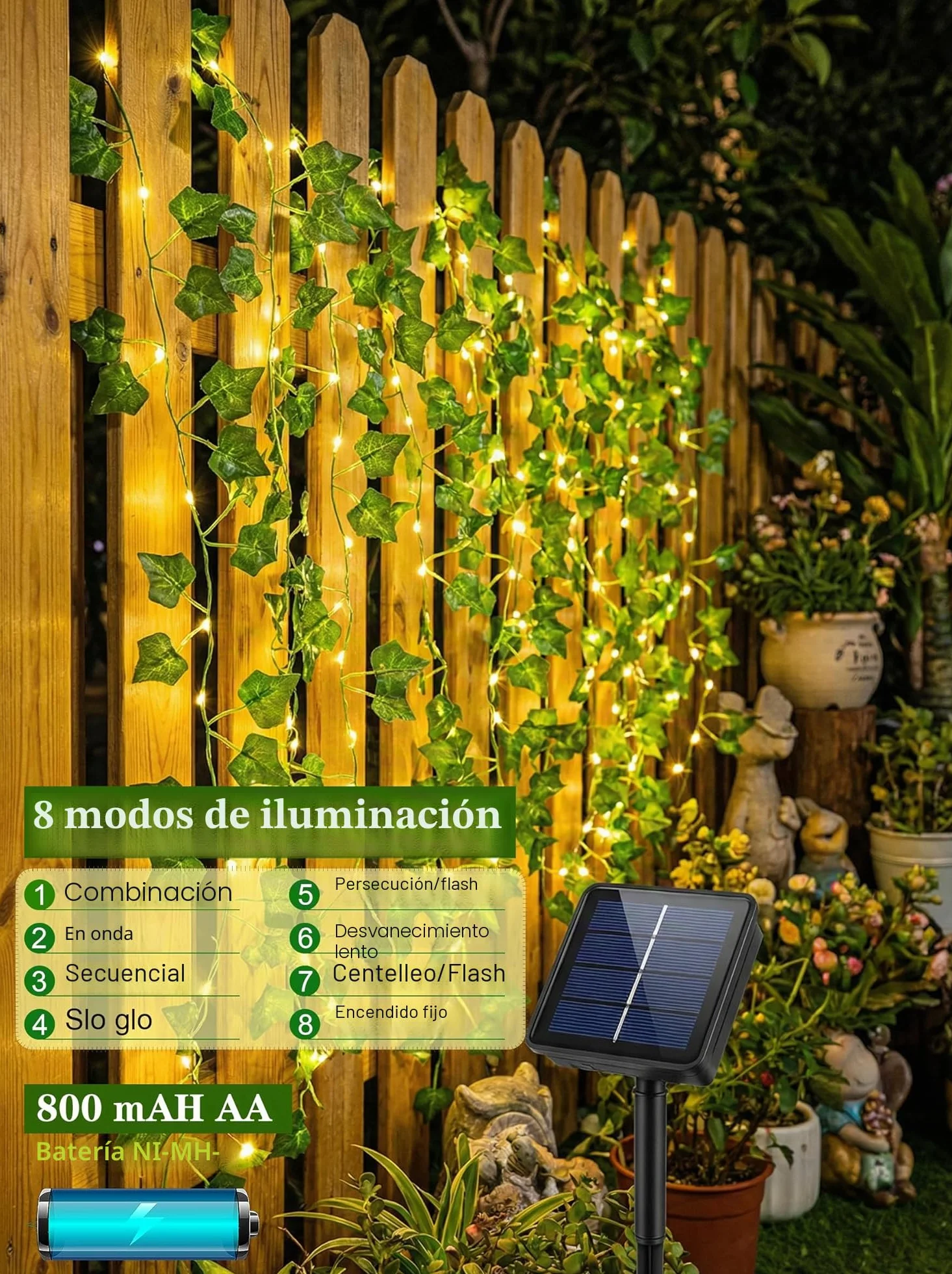 Cadena de luces solares para exteriores 12M 120 LED resistente al clima 8 modos