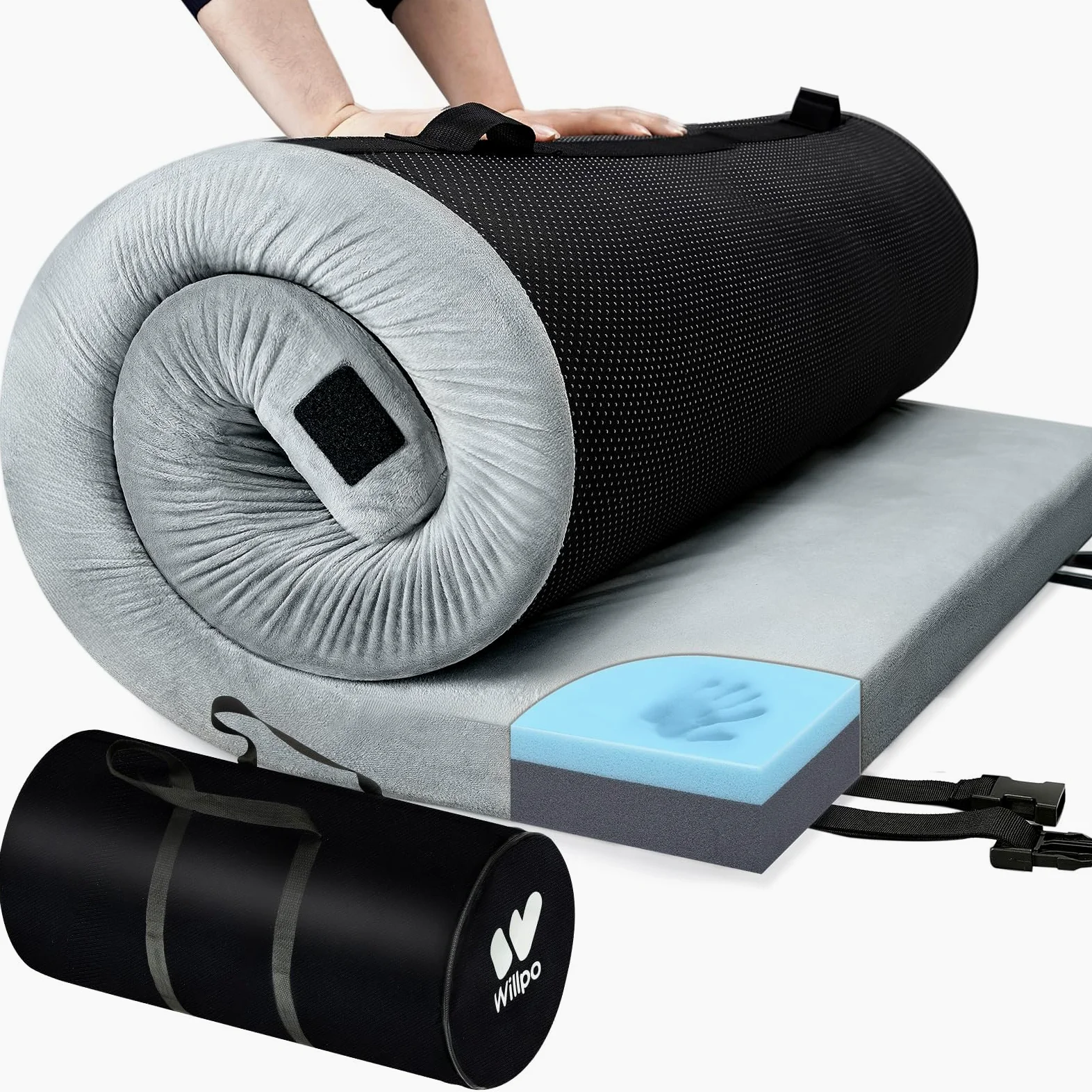 Willpo Colchoneta de Espuma Viscoelástica para Camping con Bolsa de Viaje, Esterilla Portátil Ligera Gris