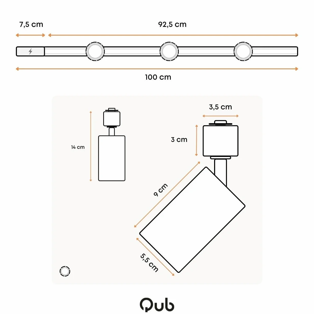 Qub Focus III Foco de techo monofásico 100 cm 3 cabezales GU10 riel de 1 m forma I negro extensible flexible LED iluminación de riel diseño moderno