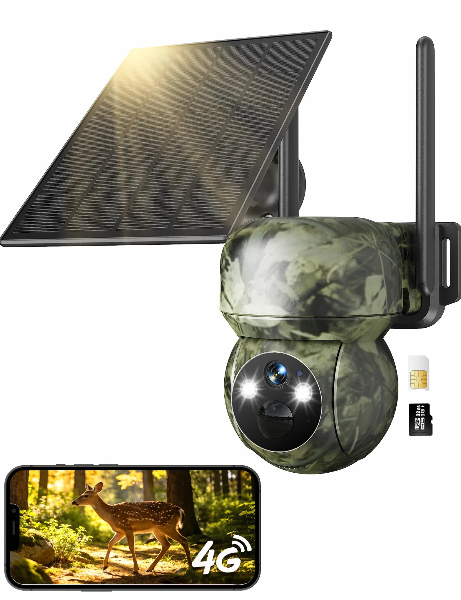 GNCC 4G LTE Camara Fototrampeo de Caza 360°PTZ, 2K Cámara Vigilancia Solar con Tarjeta SIM, Visión Nocturna en Color/Infrarrojos, Audio Bidireccional, IP65 Impermeable, para Caza y Monitoreo Remoto