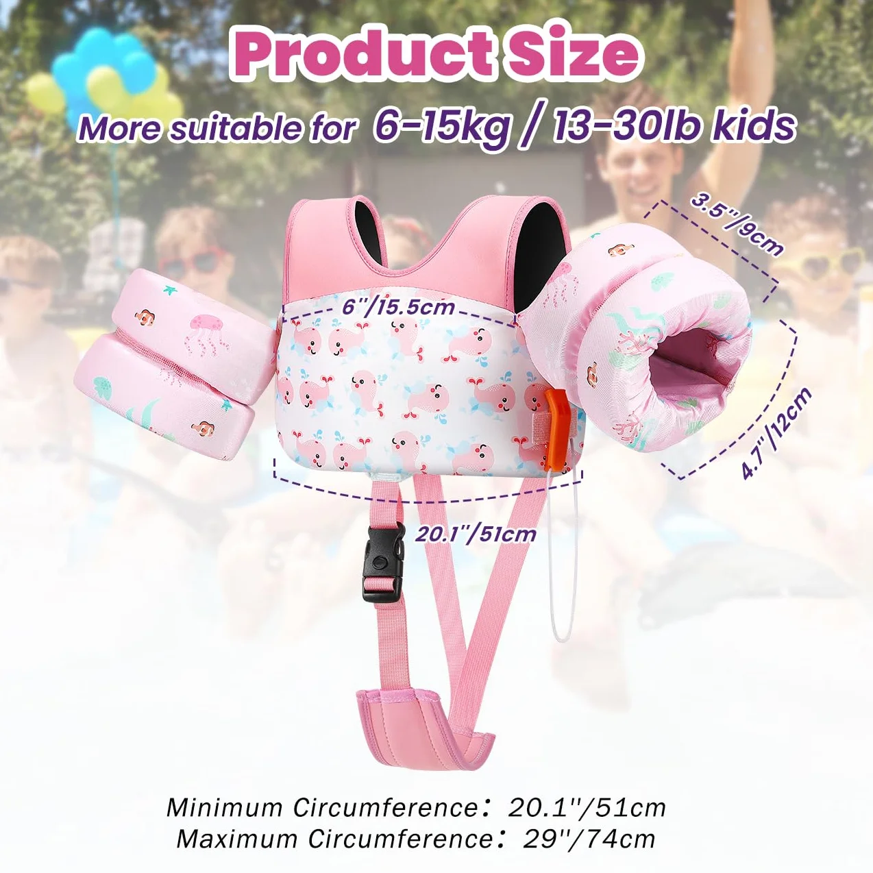 HeySplash Chaleco de Natación para Niños, Traje de Baño Flotante con Correa Ajustable para Pequeños de 6-15kg Aprender a Nadar, Flotador de Brazo de Piscina con Silbato, Ballena Rosa
