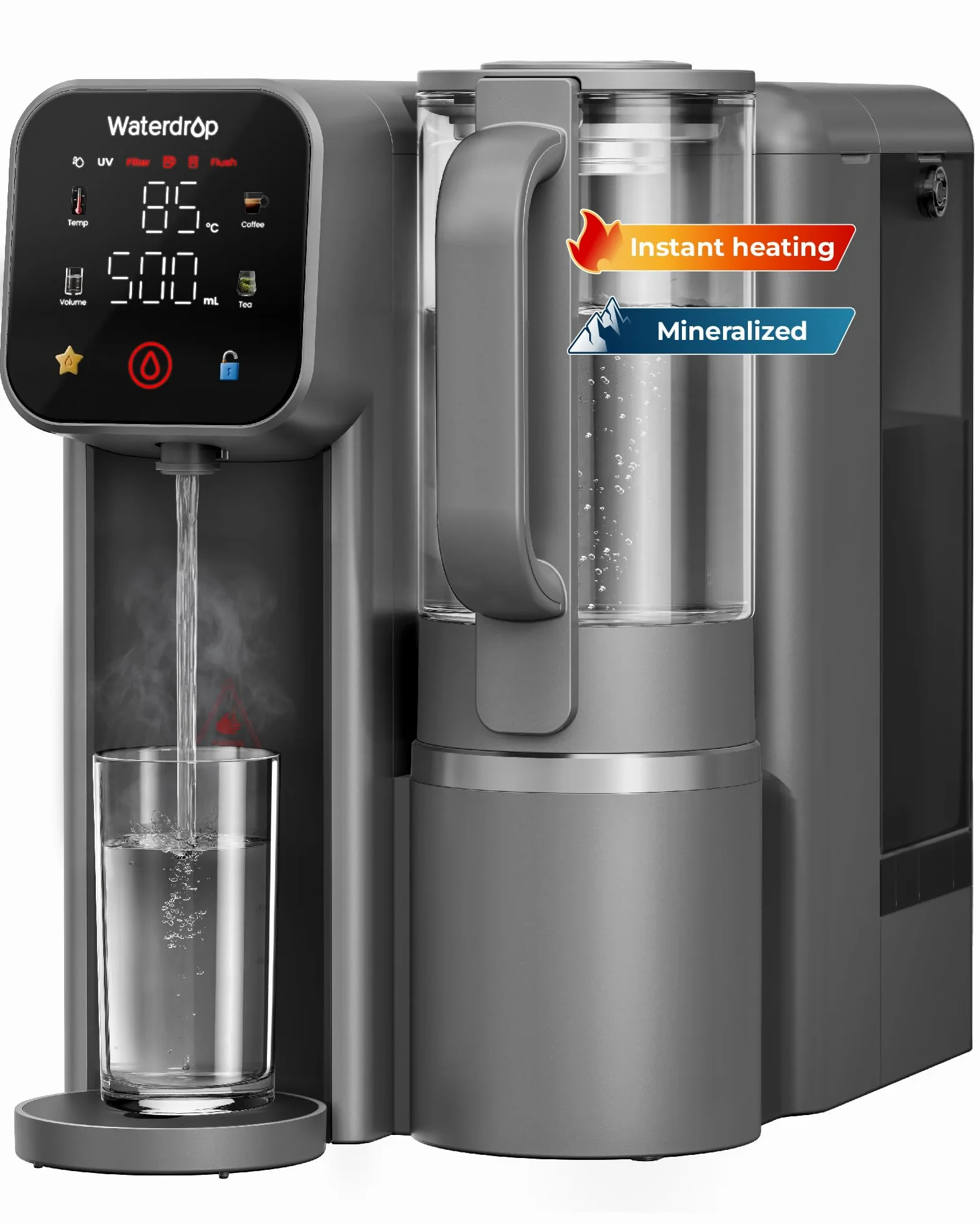 Waterdrop M6HG Mineralizada Ósmosis Inversa, Agua Caliente Instantánea, Certificado NSF/ANSI 58 y 372, 8 Etapas de Filtración, Relación Agua Pura/Drenaje 3:1, 5 Temperaturas, Jarra de Cristal, Sin BPA | UV LED, NSF/ANSI 58 y 372 certificado, 8 niveles, 3:
