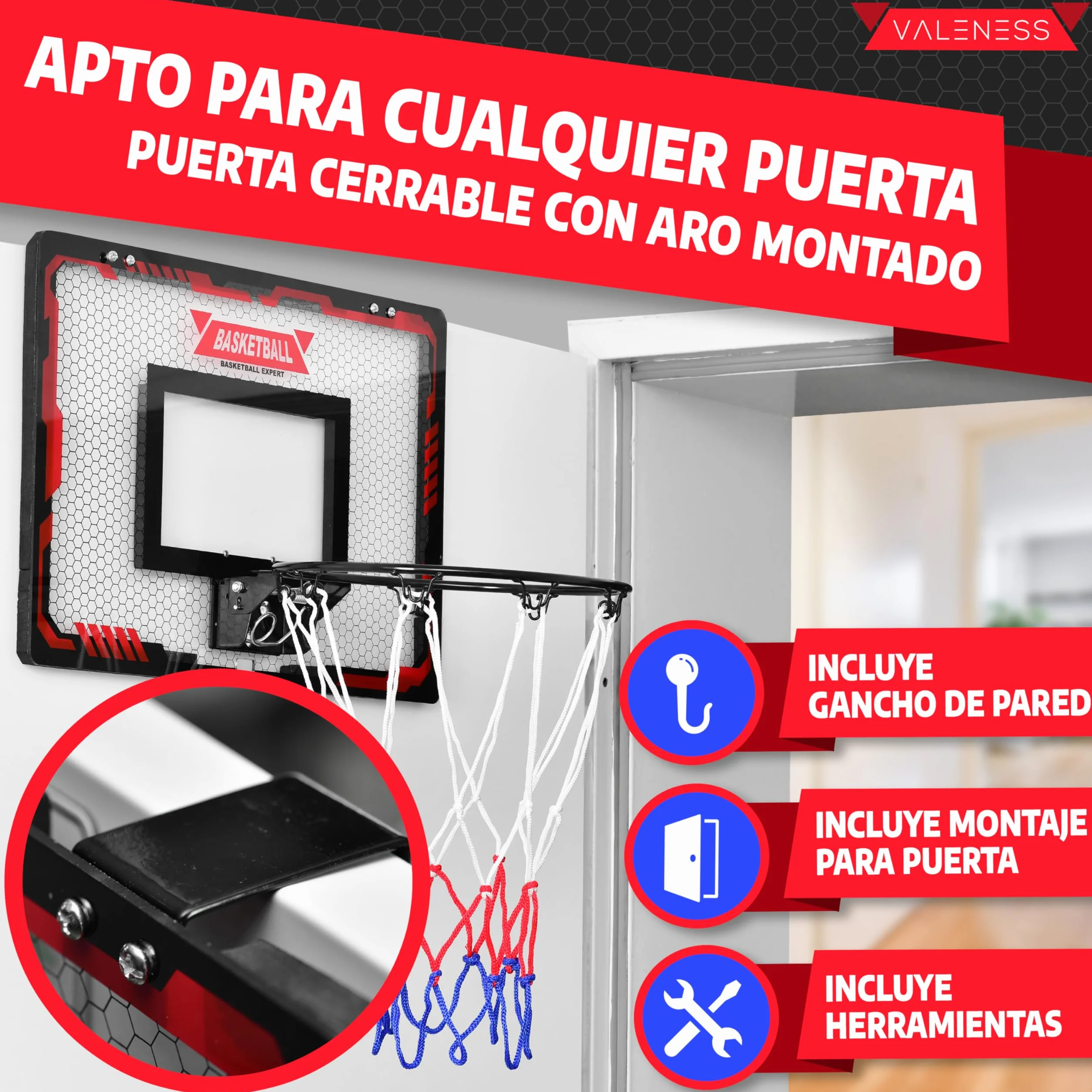 Mini Canasta de Baloncesto Interior [para Puerta & Pared] - Aro de Baloncesto Pequeño con Función de Mate, 4 Pelotas, Bomba & Accesorios de Montaje - para Niños y Adultos