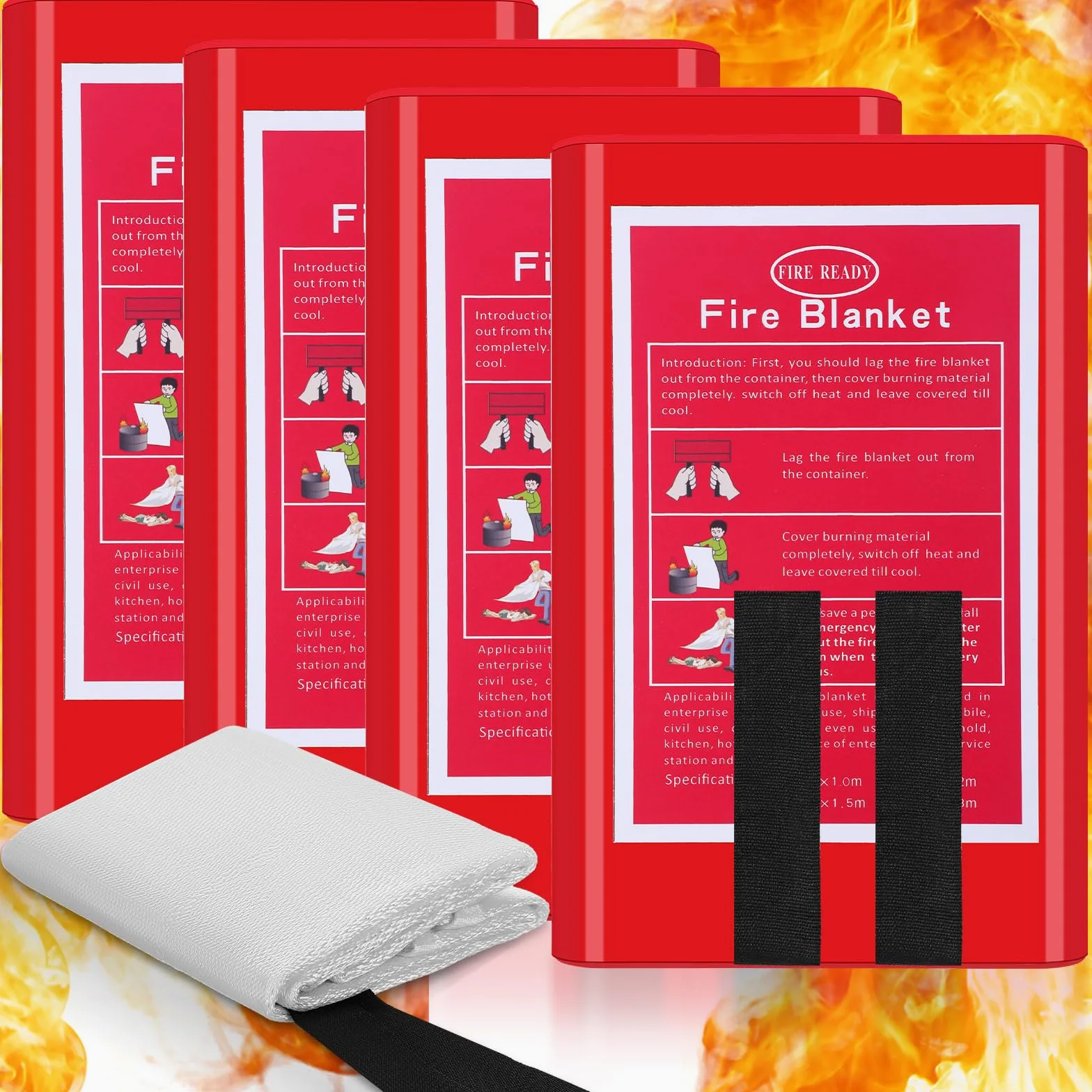 Copkim Paquete de 4 mantas de emergencia contra incendios, manta de fibra de vidrio para supresión de incendios con caja, ignífuga, manta ignífuga, cubierta de supervivencia de seguridad para el
