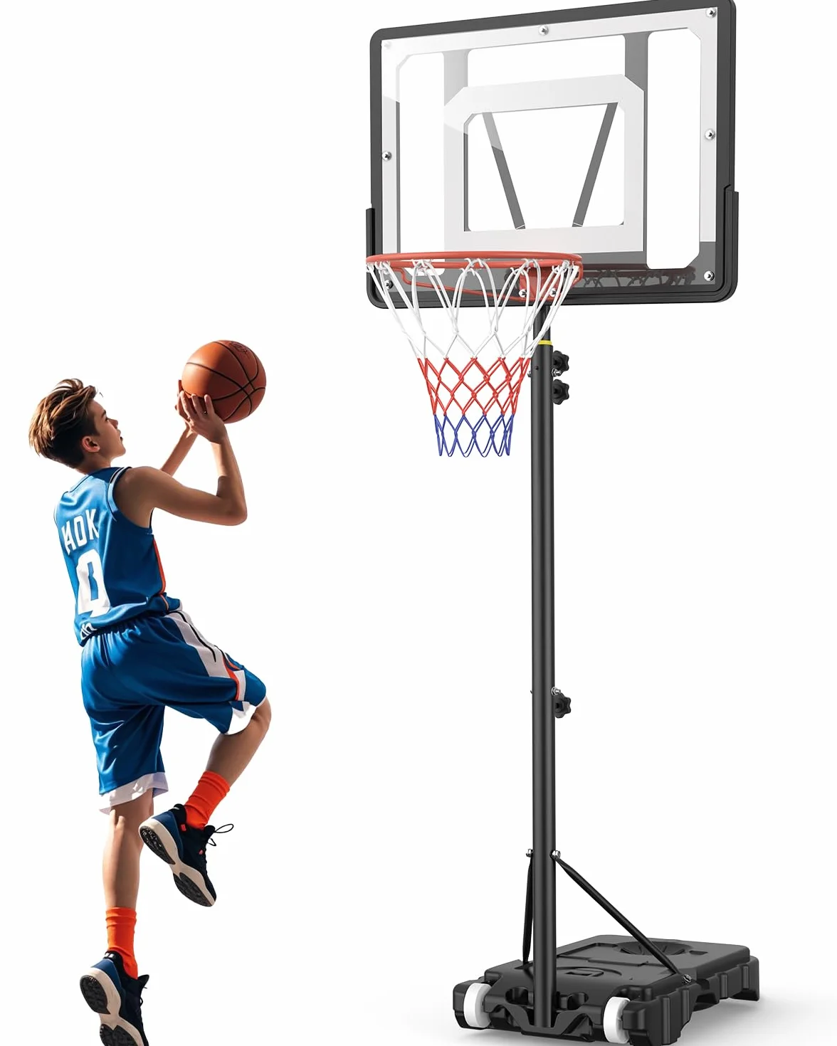 Canasta de Baloncesto Portátil Regulable 150-210cm Tablero Antivándalos 84cm Carro Ruedas
