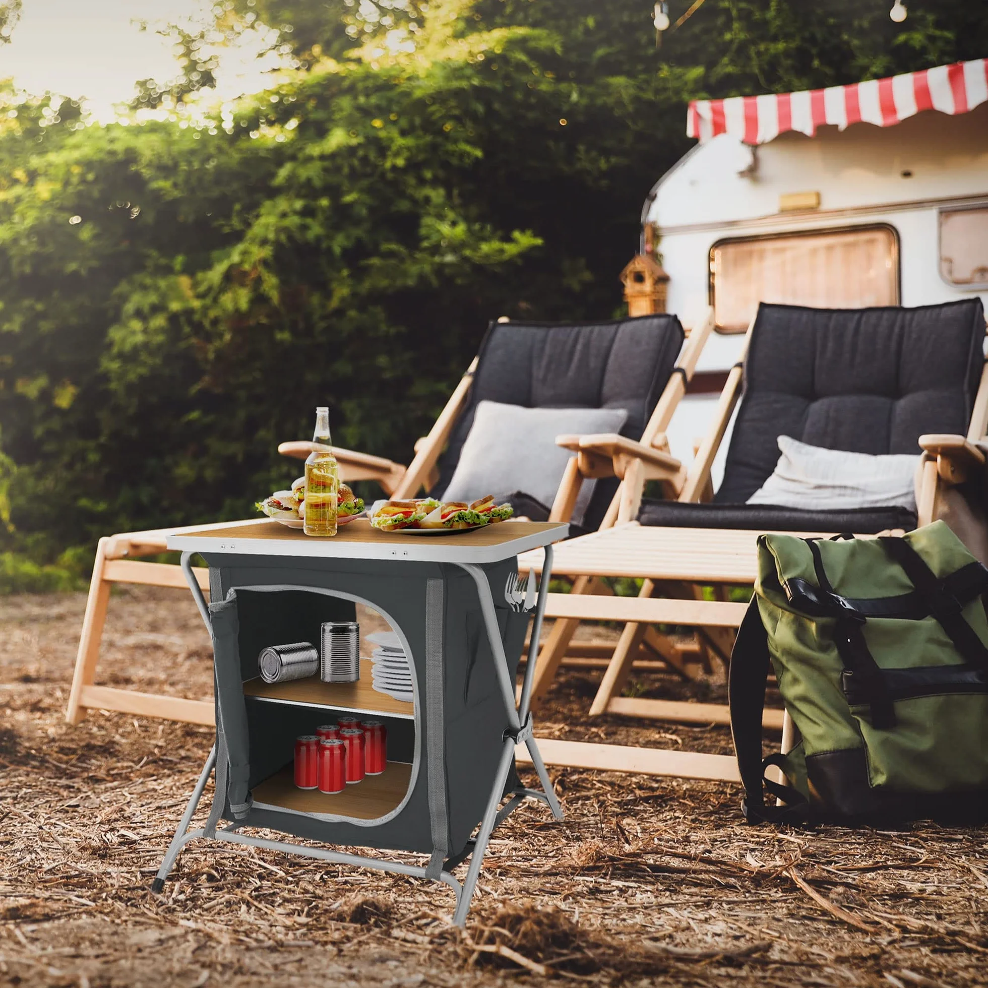 ECD Germany Armario de Cocina Plegable para Camping 64x60x45 cm Madera-Negro Caja con Estructura de Aluminio y Tela para Exteriores Mesa Auxiliar Portátil con Encimera 2 Estantes y Bolsa de Transporte
