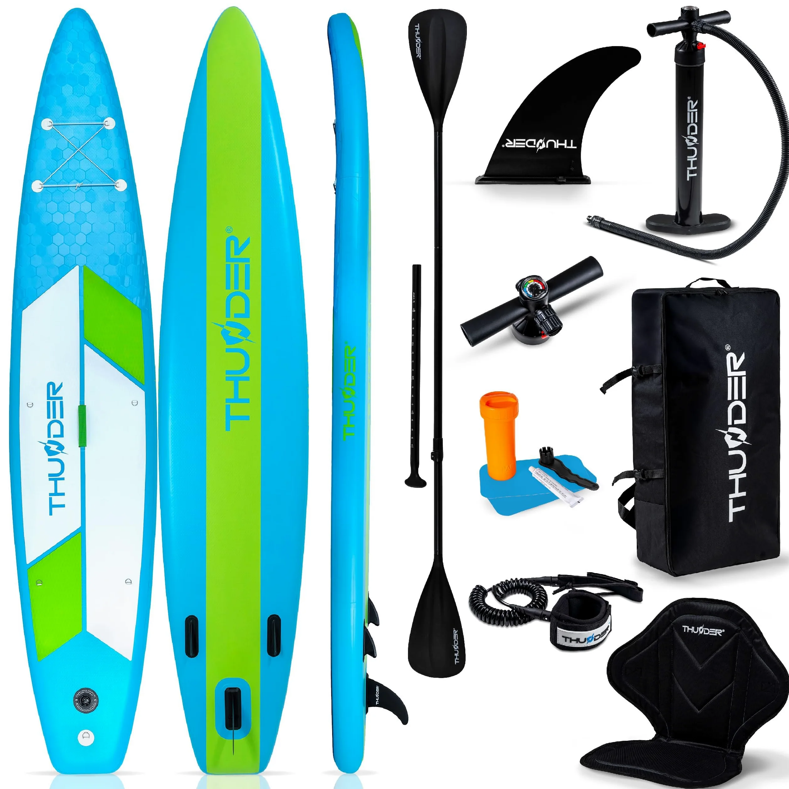 THUNDER - Tabla Sup inflable de 380 cm con asiento kayak – Stand Up Paddle Board Set con bomba, remo y mochila – Sup Touring para adultos y principiantes hasta 150 kg