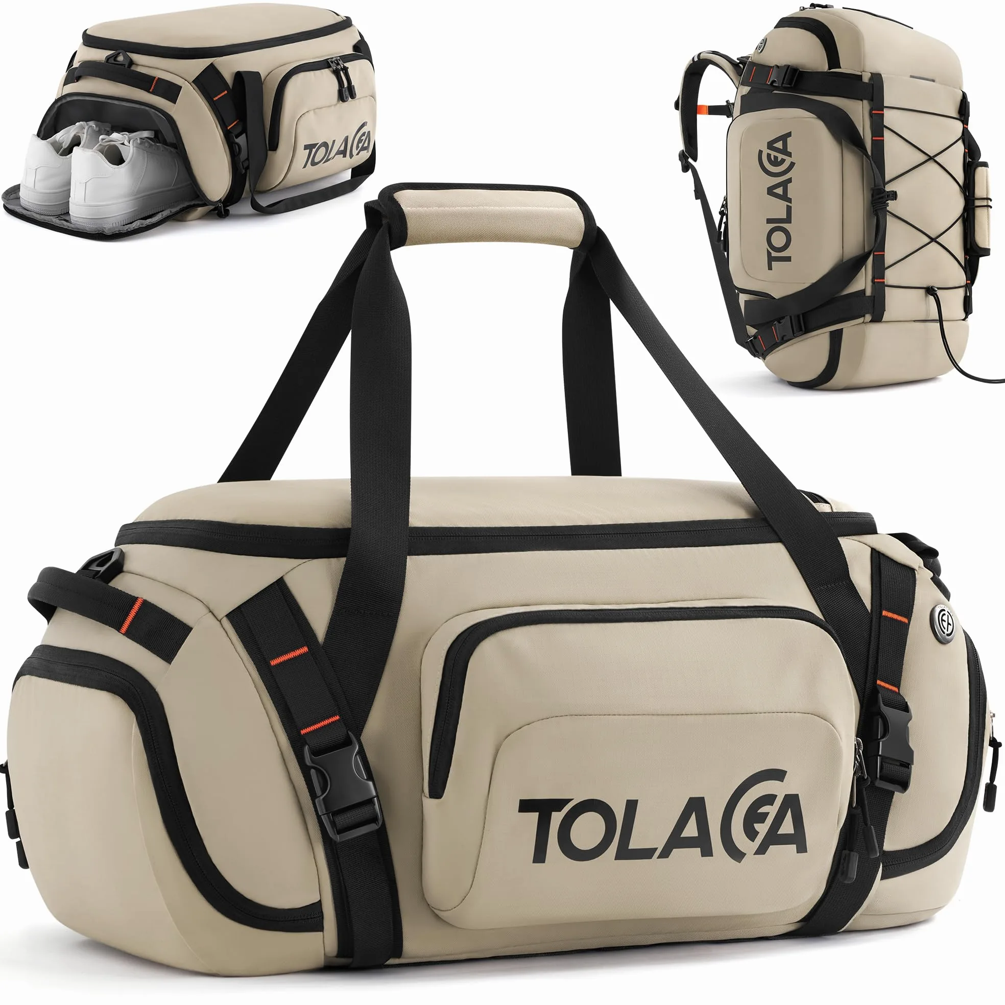 Tolaccea Bolsa de Deporte 40L para Hombres y Mujeres – Mochila de Viaje Convertible con Compartimento para Zapatos, Bolsillo Húmedo y Portátil 15,6"–Impermeable para Gimnasio, Fitness y Viajes (Kaki)