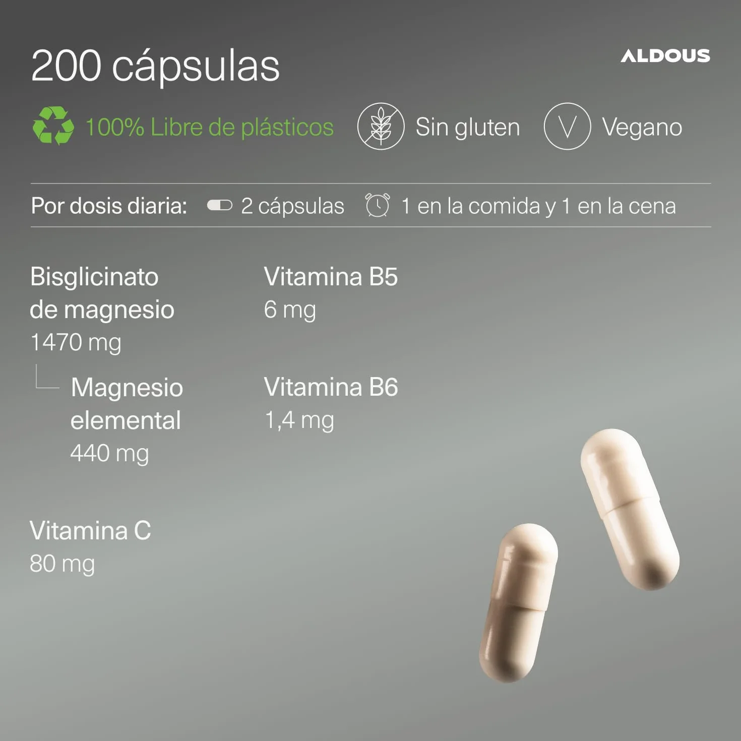 ALDOUS Magnesio Bisglicinato 200 Cápsulas Alta Biodisponibilidad Vitamina C B6 B5