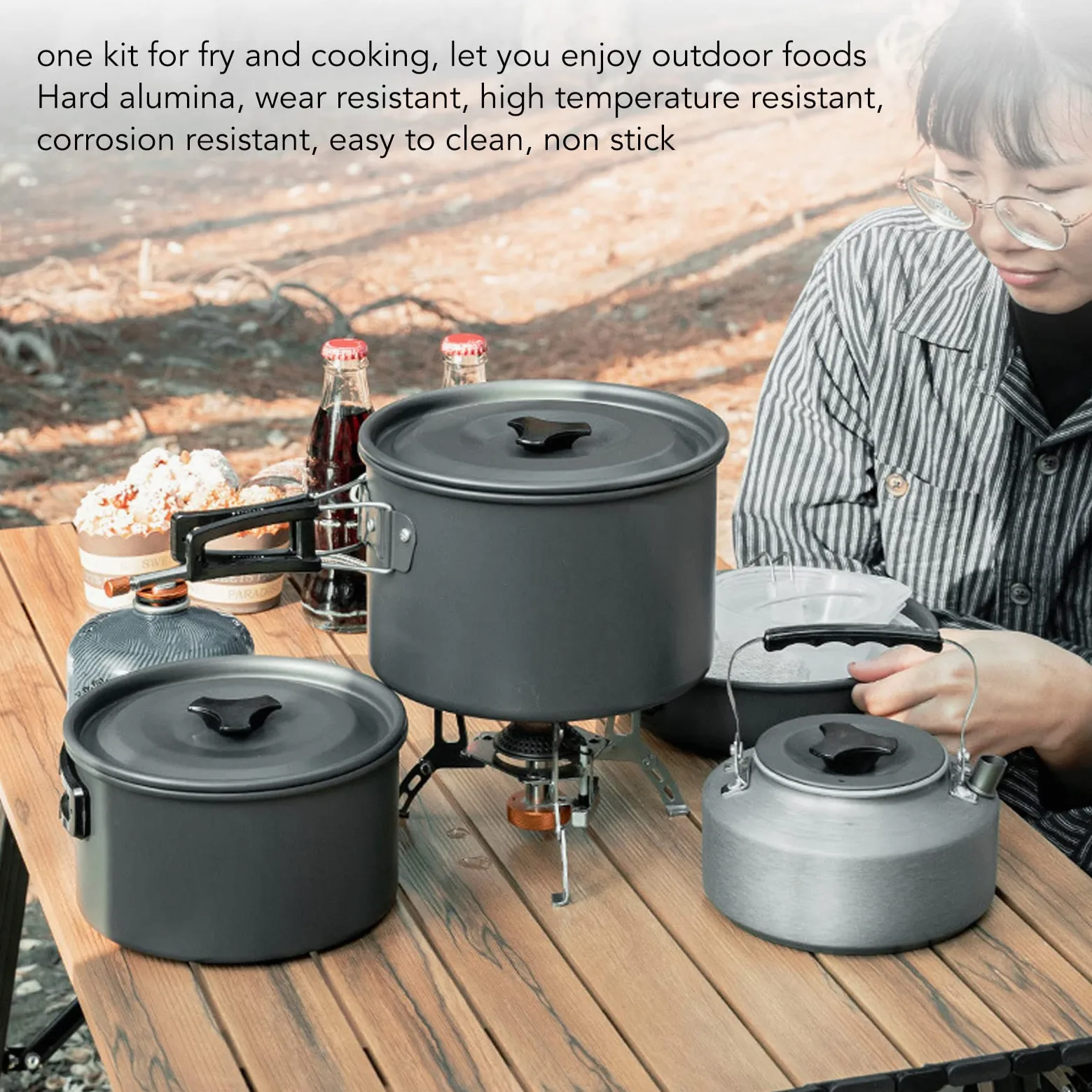Kit de utensilios de cocina de aleación de aluminio para camping, tetera, sartén, platillo, tazón, cuchara, portátil, ligero, duradero, antiadherente, resistente a altas temperaturas, para acampar al