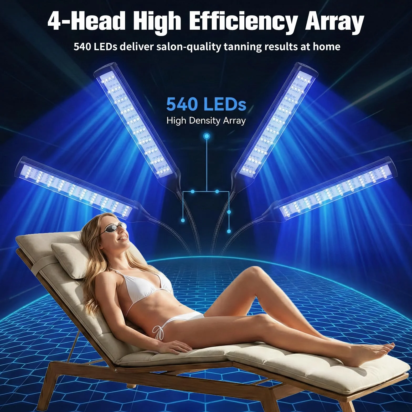 Lámpara de bronceado facial LED 4 cabezales 540 bombillas, soporte giratorio 360°, 5 modos, temporizador ajustable con gafas