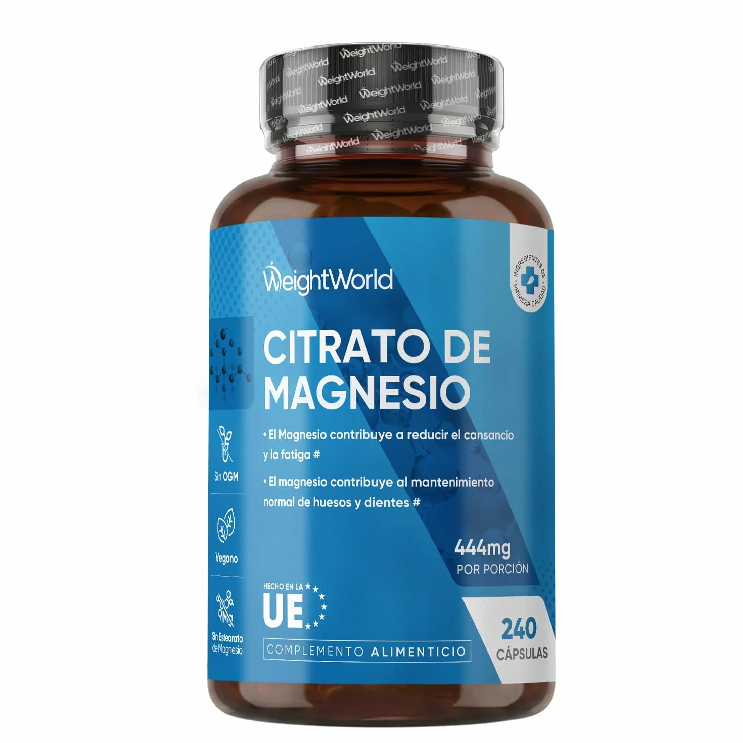 Citrato de Magnesio 240 Cápsulas Veganas 444mg Magnesio Puro 1480mg Citrato Sin Gluten