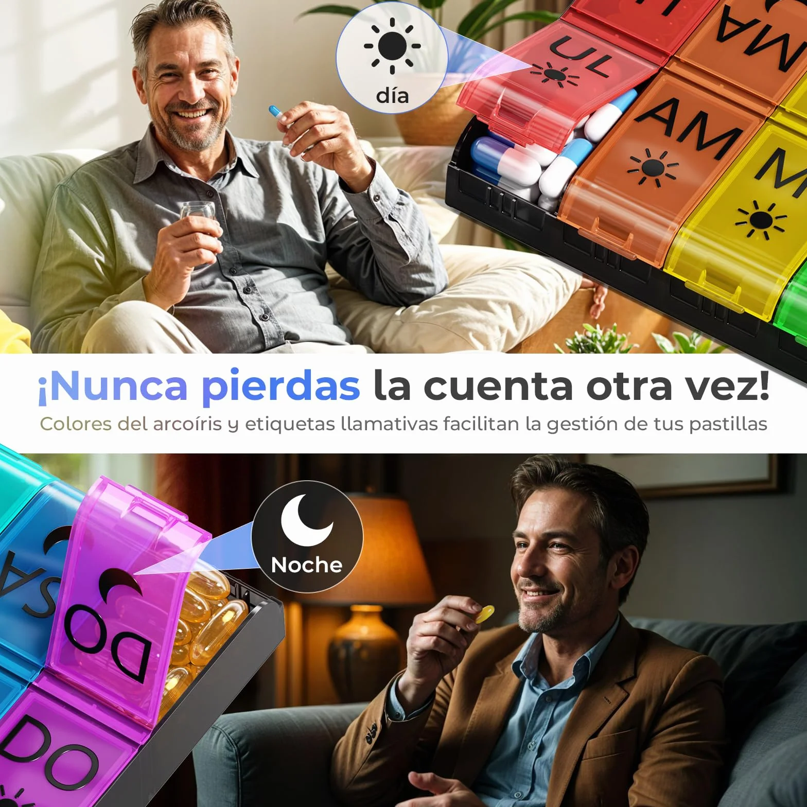COLORWING Pastillero Semanal 2 Tomas Español, 14 Compartimentos XL, Organizador de Pastillas y Medicamentos