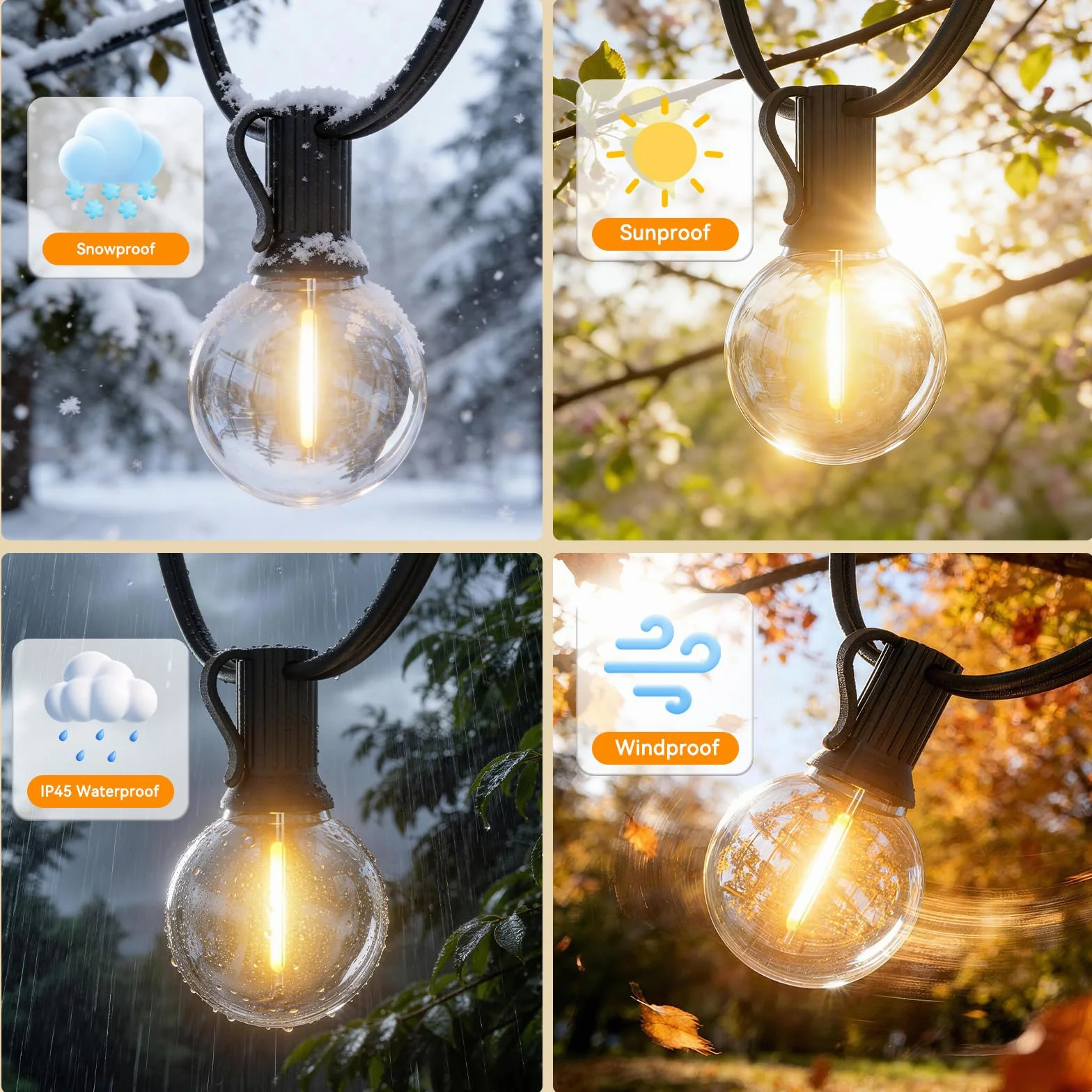 Guirnalda Luces Exterior LED 45M G40 IP45 Impermeable Blanco Cálido 2700K E12 Para Jardín Patio Café