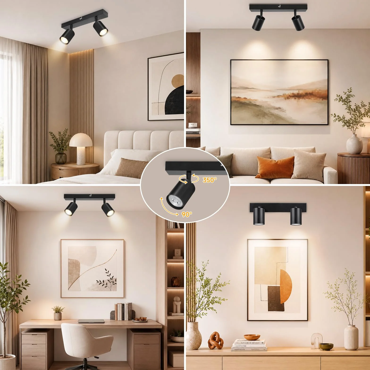 Lámpara de Techo 2 Focos Giratorios GU10, Lámpara de Pared LED Negro Ajustable, Iluminación Interior Dormitorio Pasillo Cocina