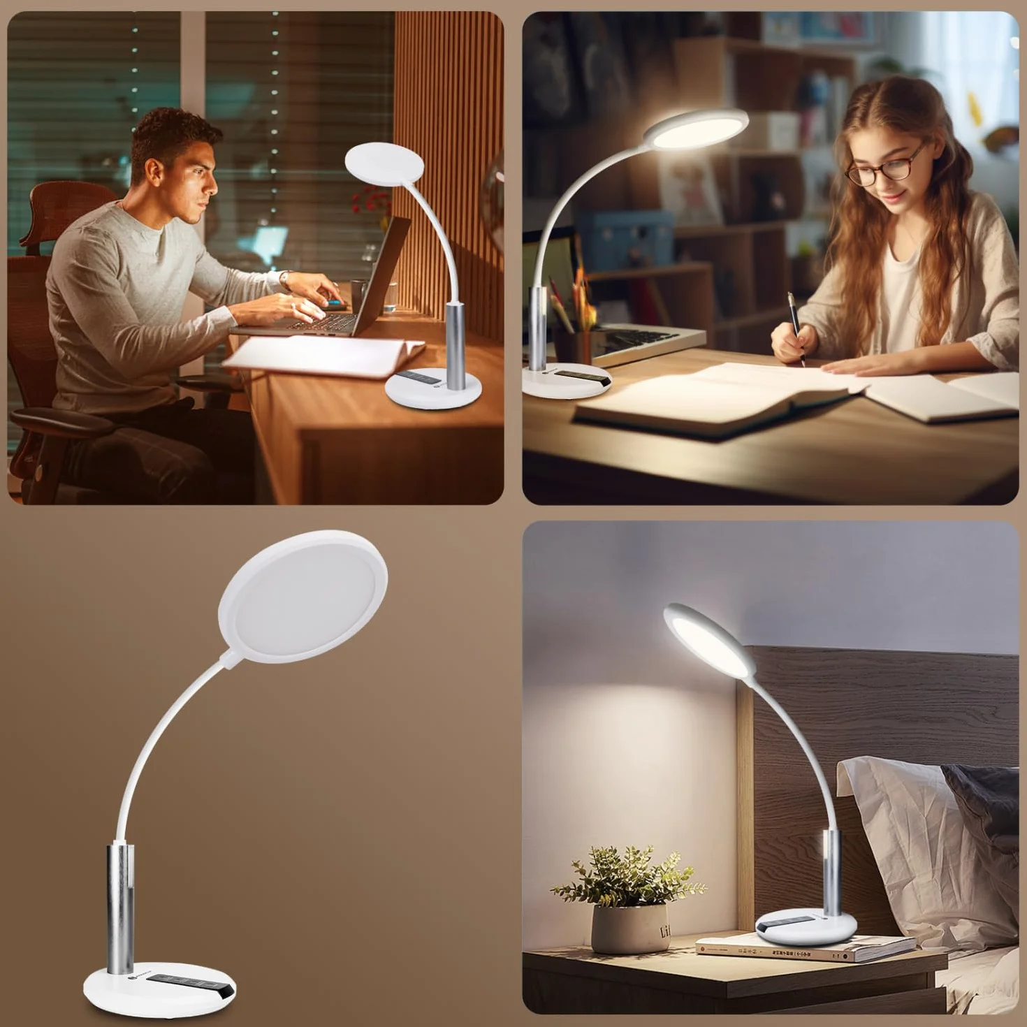 Aigostar Flexo Lampara Escritorio LED Ajuste Flexible 360° 3 Brillo Temperatura Color Memoria Blanco