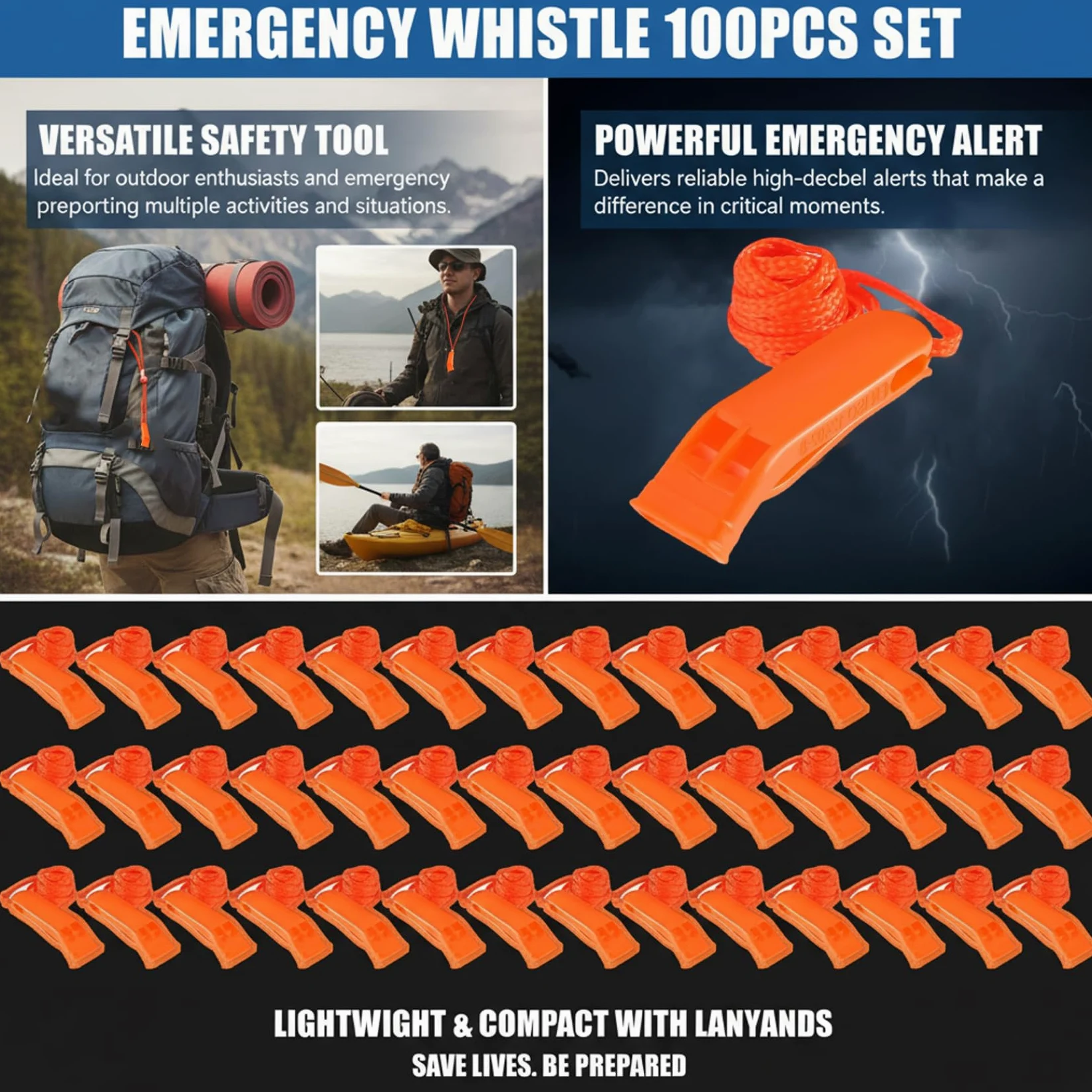 Jorzer Silbato de Emergencia 100PCS Silbato de Seguridad de plástico Ruidoso con cordón Equipo de Supervivencia para Kayak, canotaje, Barco de Pesca, Camping, Senderismo, Caza-