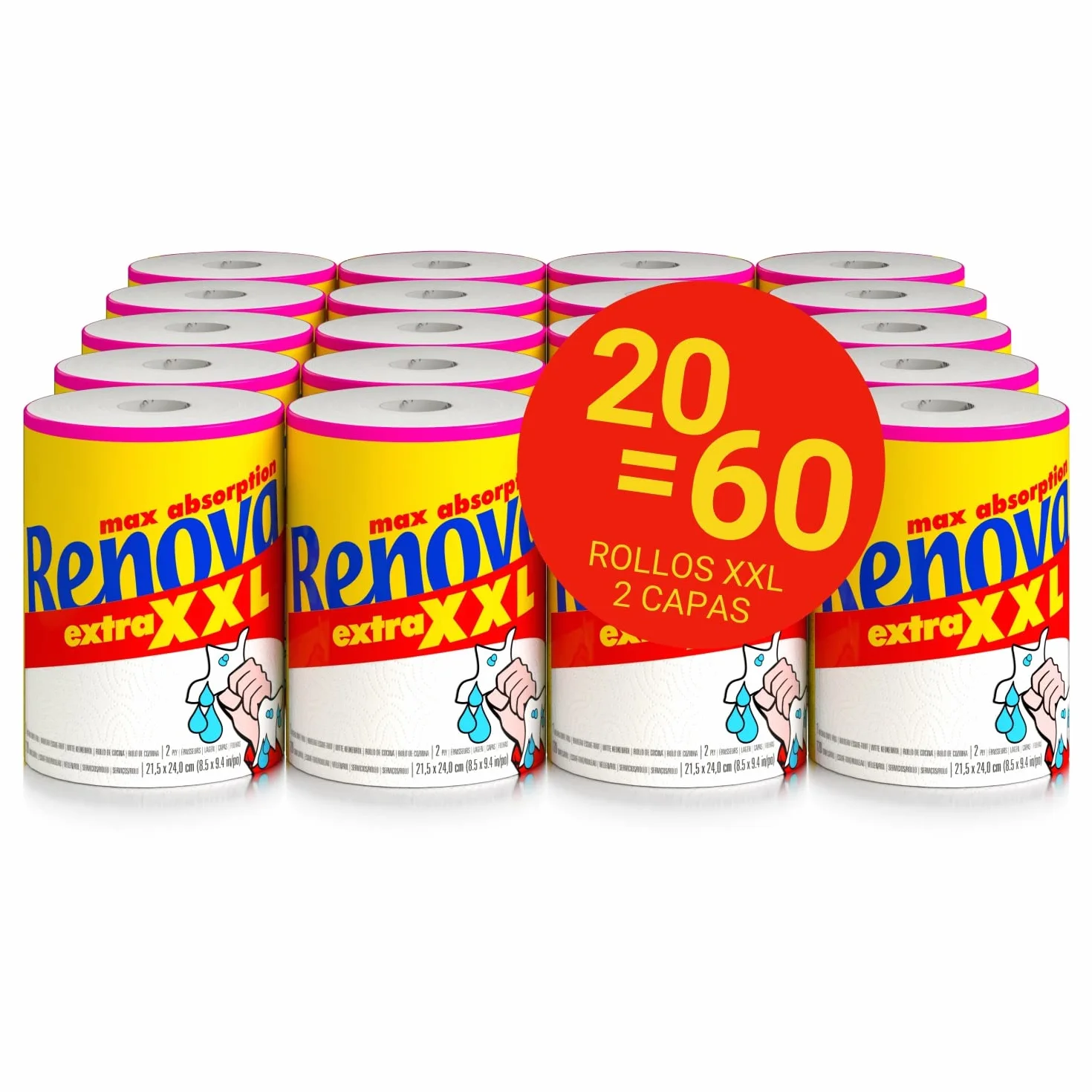Renova Rollos de Cocina Extra XXL, 20 Rollos, Maxi Absorbentes, Certificado FSC