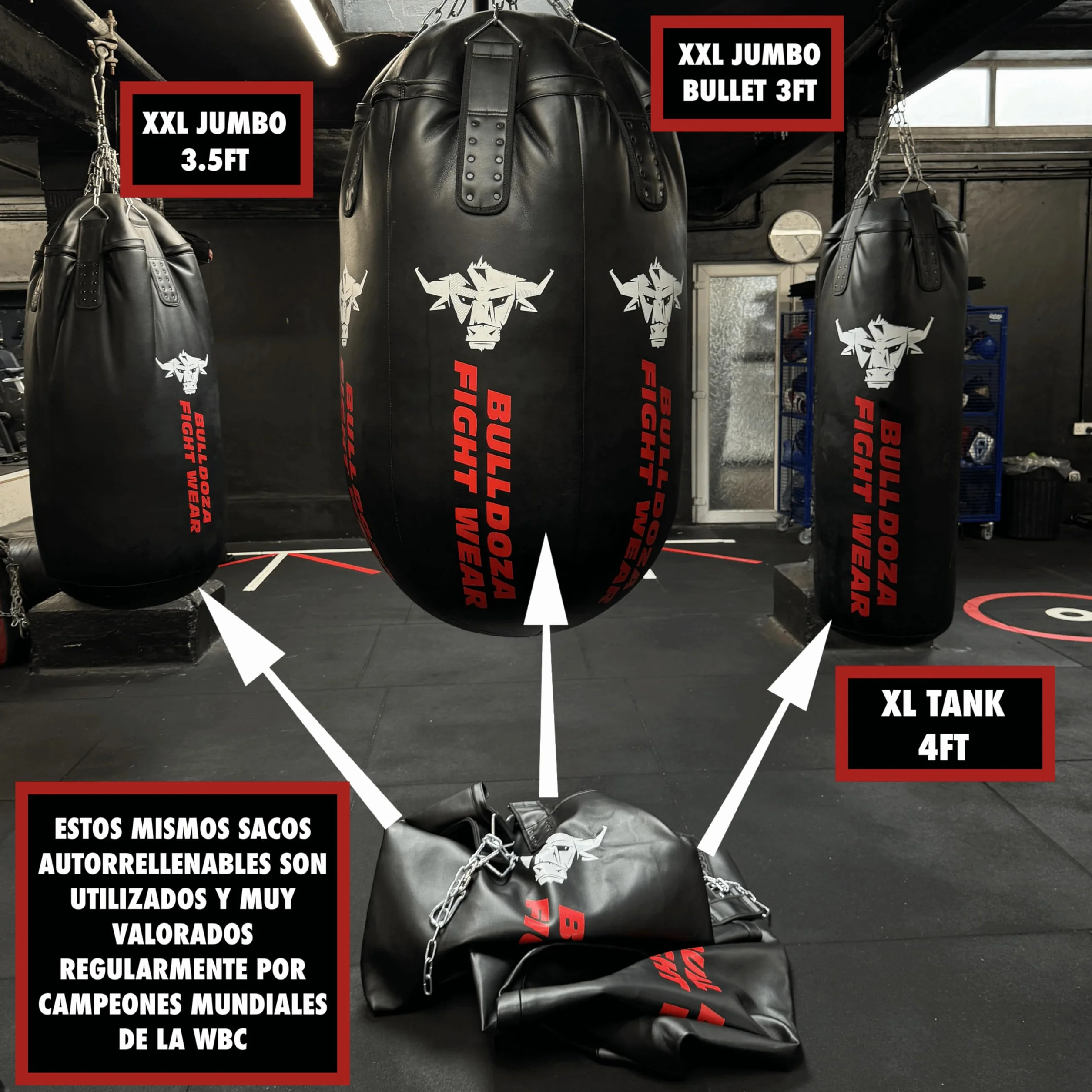 XL Tank Bull Doza Fight Wear - Saco de boxeo con cadenas colgantes, giratorio, mosquetones, bolsa de boxeo