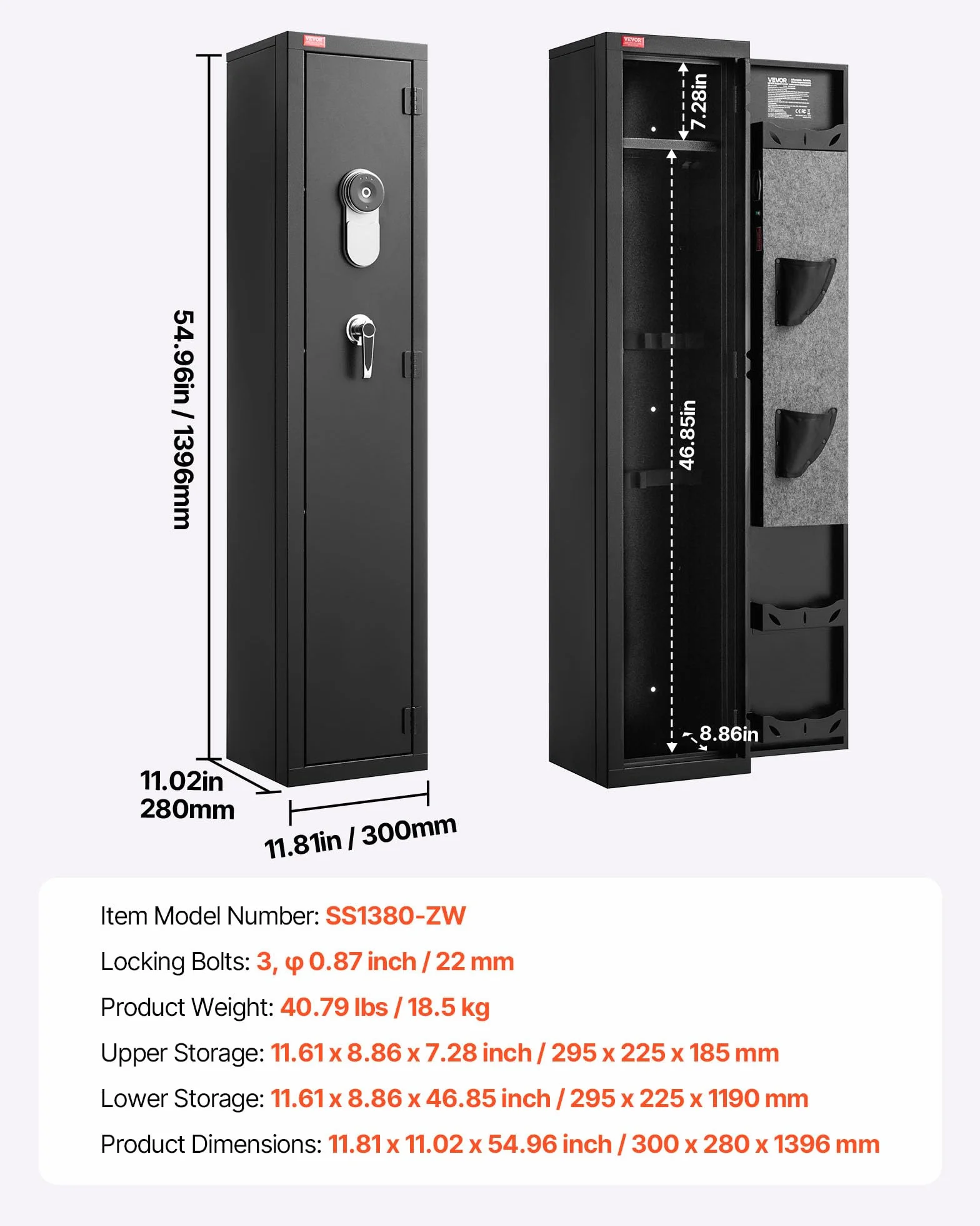 VEVOR Caja Fuerte de Rifles, Armario para Armas Largas de Acero Laminado en Frío, Teclado Digital y Llave, con Cargador y LED, Soportes Ajustables, 300 x 280 x 1396 mm