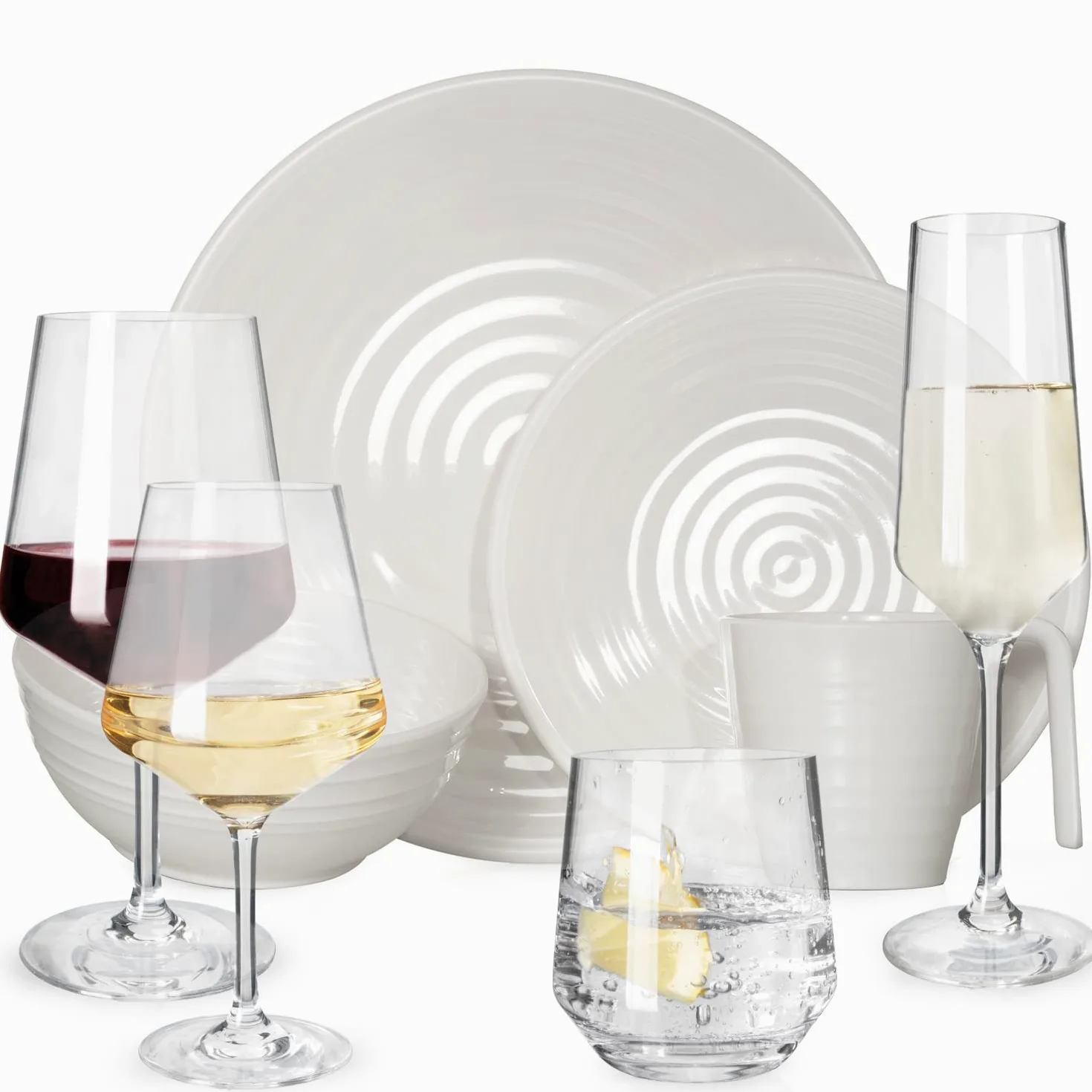 Juego de vajilla de melamina para camping, 4 personas, diseño de crema, 16 piezas + 16 vasos Milano, copas de agua, copas de vino, copas de champán, platos, picnic, barbacoa, utensilios de cocina