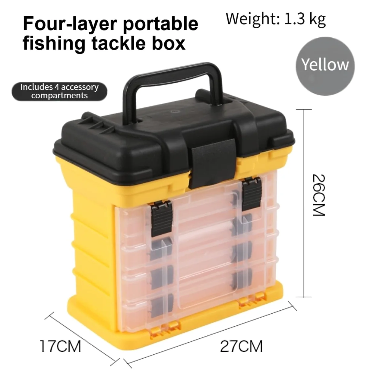 Caja de aparejos de pesca de cuatro capas con 4 compartimentos, caja de almacenamiento portátil para señuelos con bandejas extraíbles y ganchos de mango, carretes de herramientas, para color